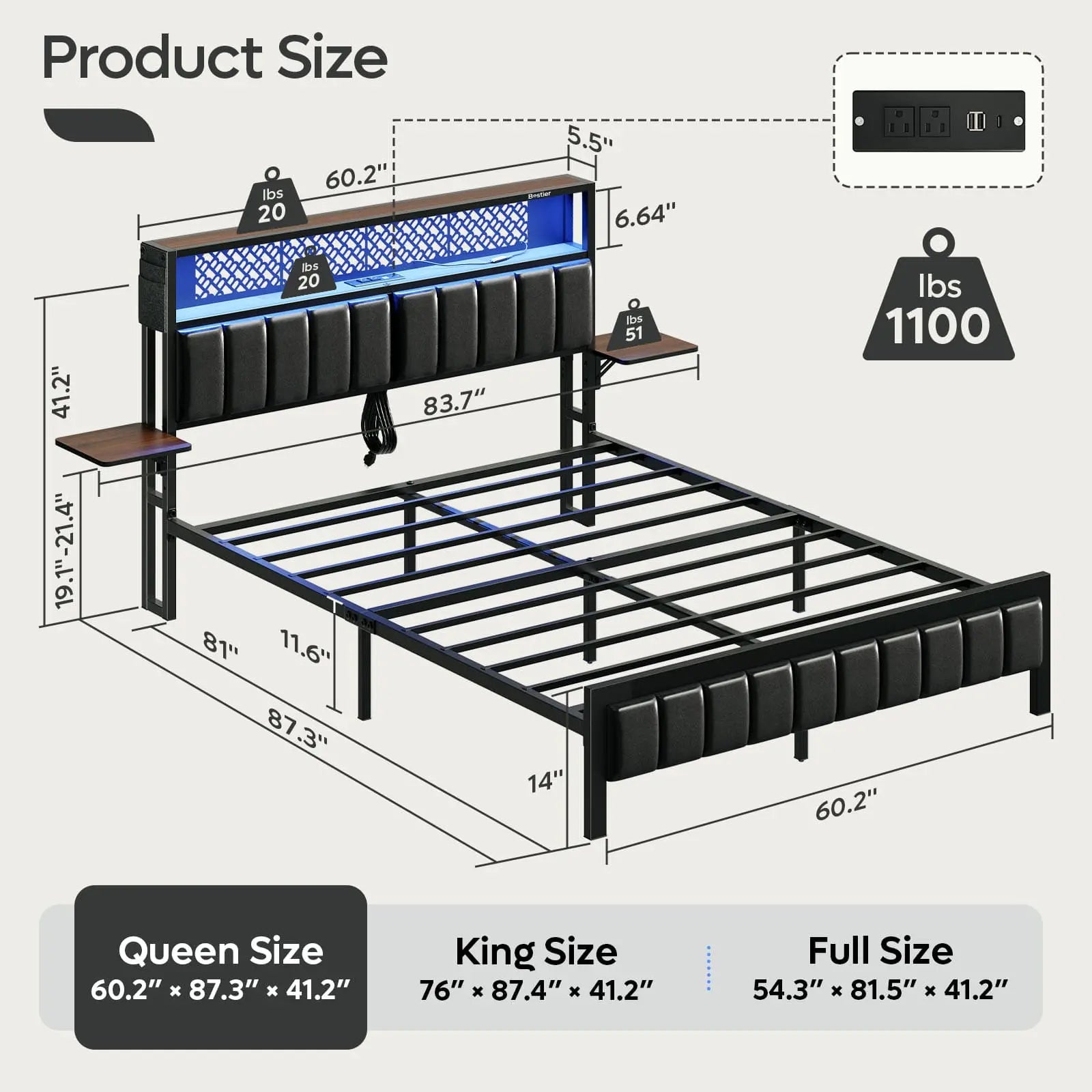 Bestier King/Queen/Full Size Bed Frame with USB Charging Station - Sturdy Metal Platform Bed with Headboard & LED Lights - Perfect for Modern Bedrooms & Guest Rooms