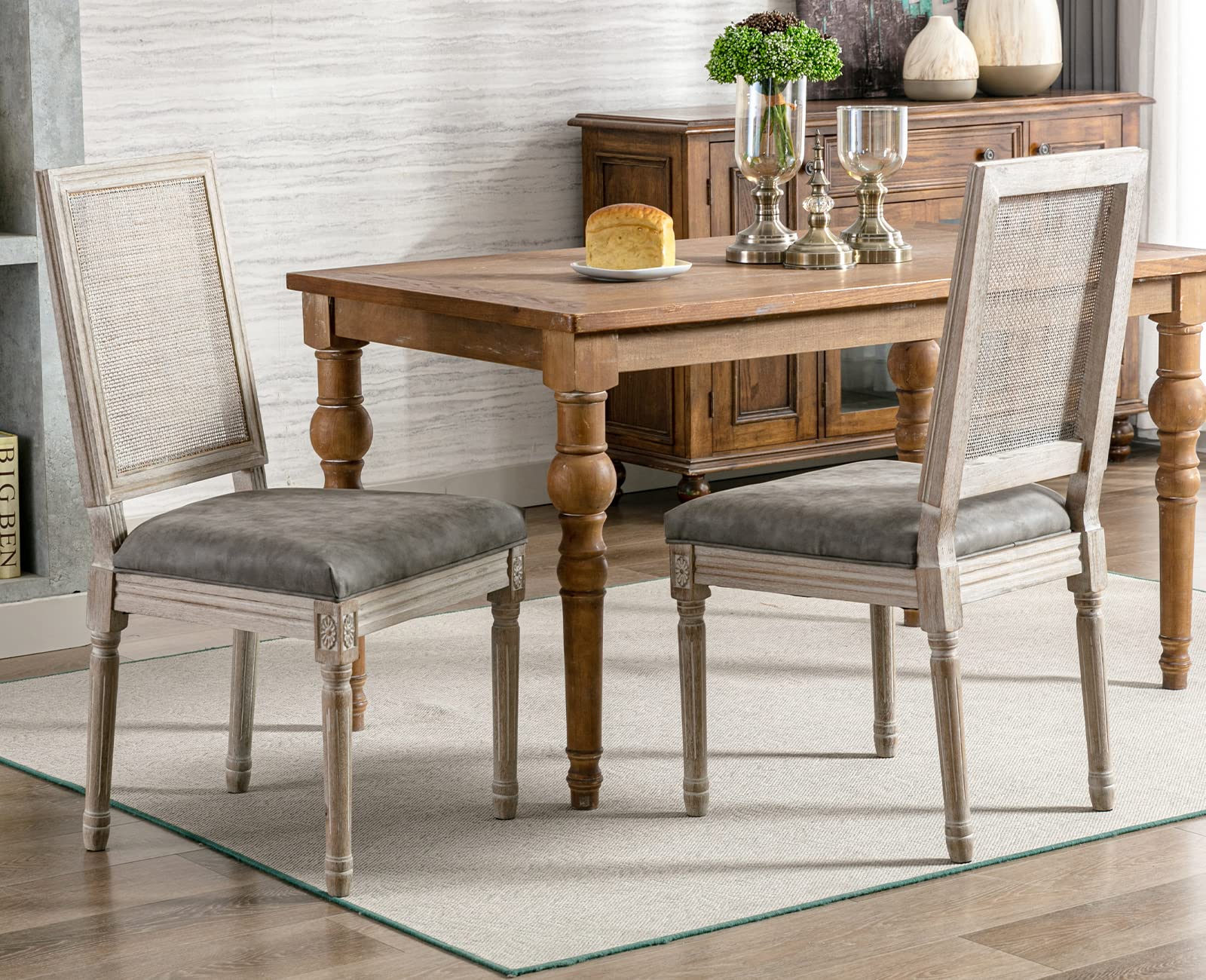 Premium PU Leather Dining Chairs Set of 2 - French Farmhouse Style with Rattan Square Back - Comfortable Kitchen & Living Room Seating for Home, Restaurant, Cafe (Grey)