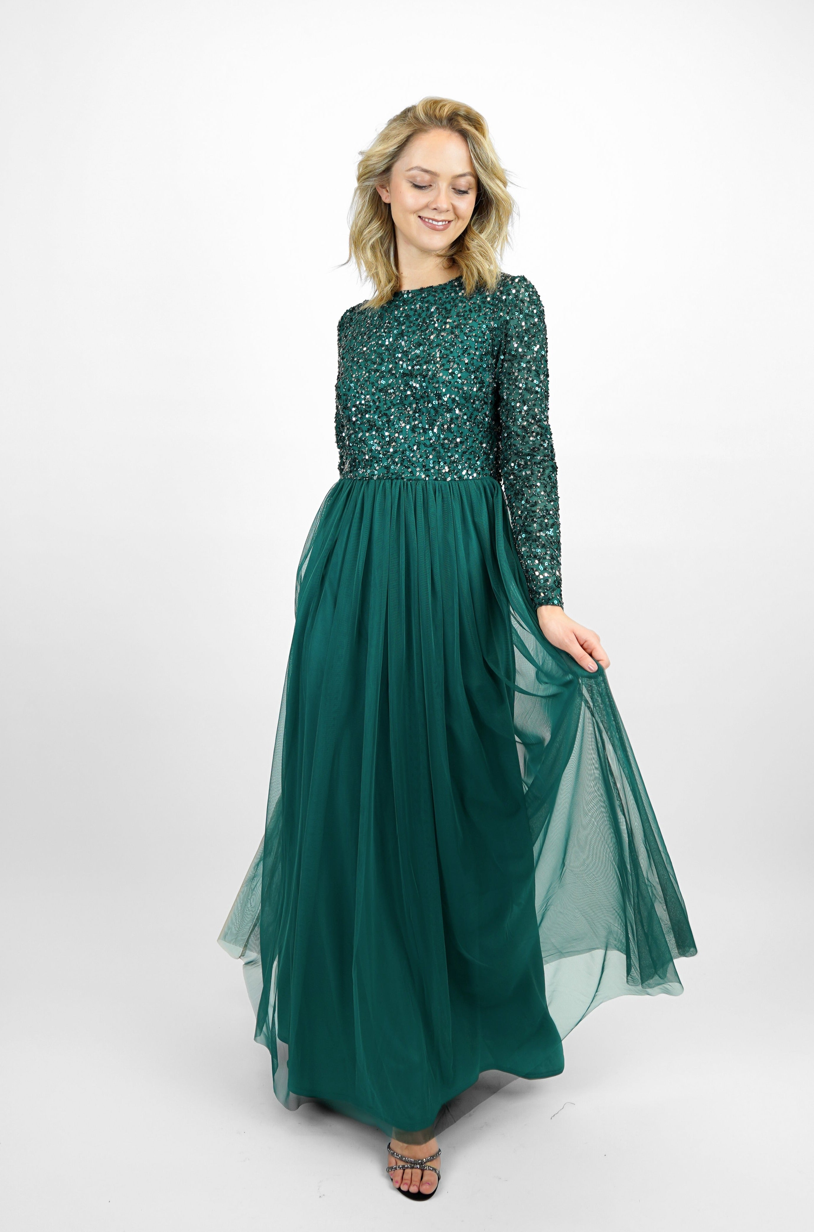 Elegant Emerald Green Long Sleeve Bridesmaid Dress - Formal Wedding Party Gown for Bridesmaids, Evening Events & Special Occasions