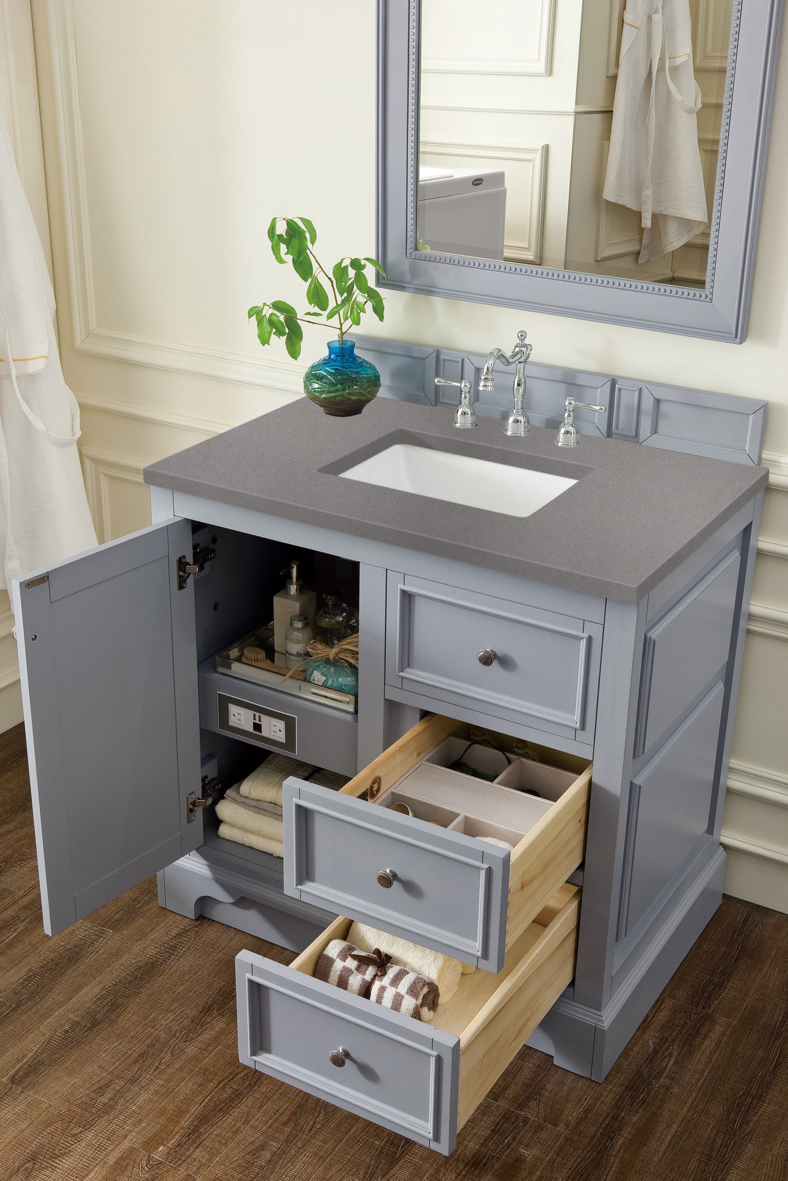 De Soto 36 Inch Single Bathroom Vanity with 3CM Grey Expo Quartz Top in Silver Gray - Perfect for Modern Bathroom Renovations and Small Space Designs