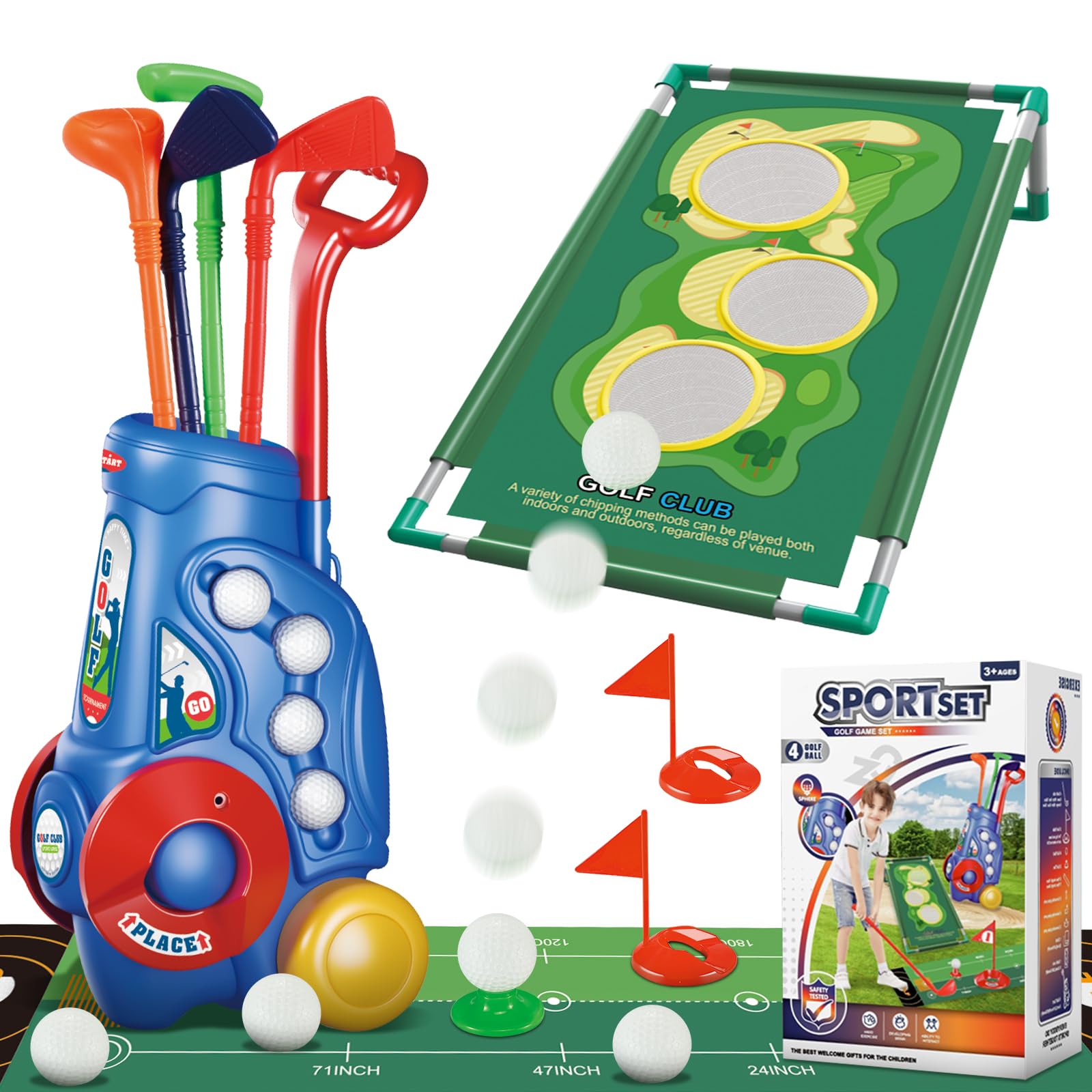 2 in 1 Kids Golf Club Play Set with Golf Board, 4 Golf Balls & Clubs - Portable Storage Bin - Perfect Indoor/Outdoor Golf Toys for Toddlers Age 3+ - Ideal Birthday Gift for Boys & Girls - Great for Backyard Play, Birthday Parties & Family Fun Activities