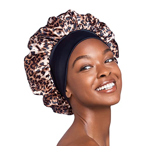 Red by Kiss Reversible Silky Satin Hair Bonnet with Wide Edge - Double Wear Design for All Hair Types | X-Large Leopard Print | Perfect for Nighttime Hair Protection & Salon Styling