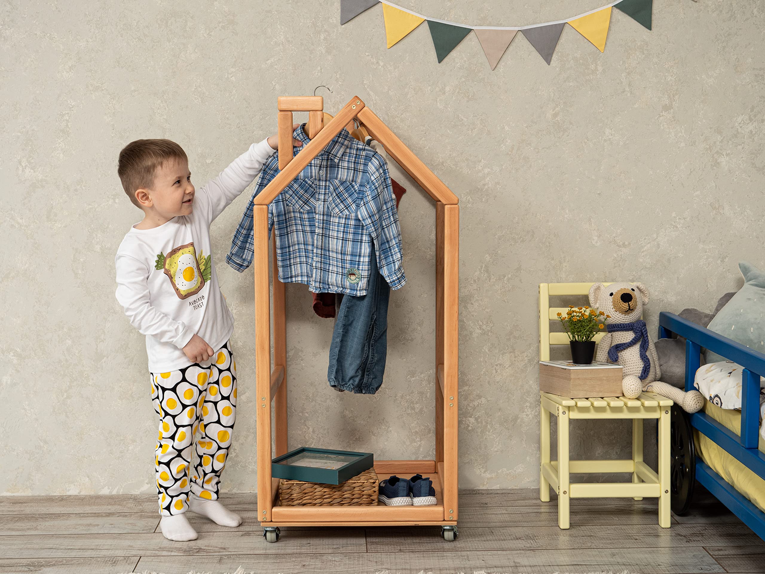 BUSYWOOD Kids Clothes Rack - Adjustable Wooden Toddler Wardrobe with Wheels | Montessori Clothing Organizer & Storage for Children's Clothes | Perfect for Bedroom, Playroom & Daycare Organization