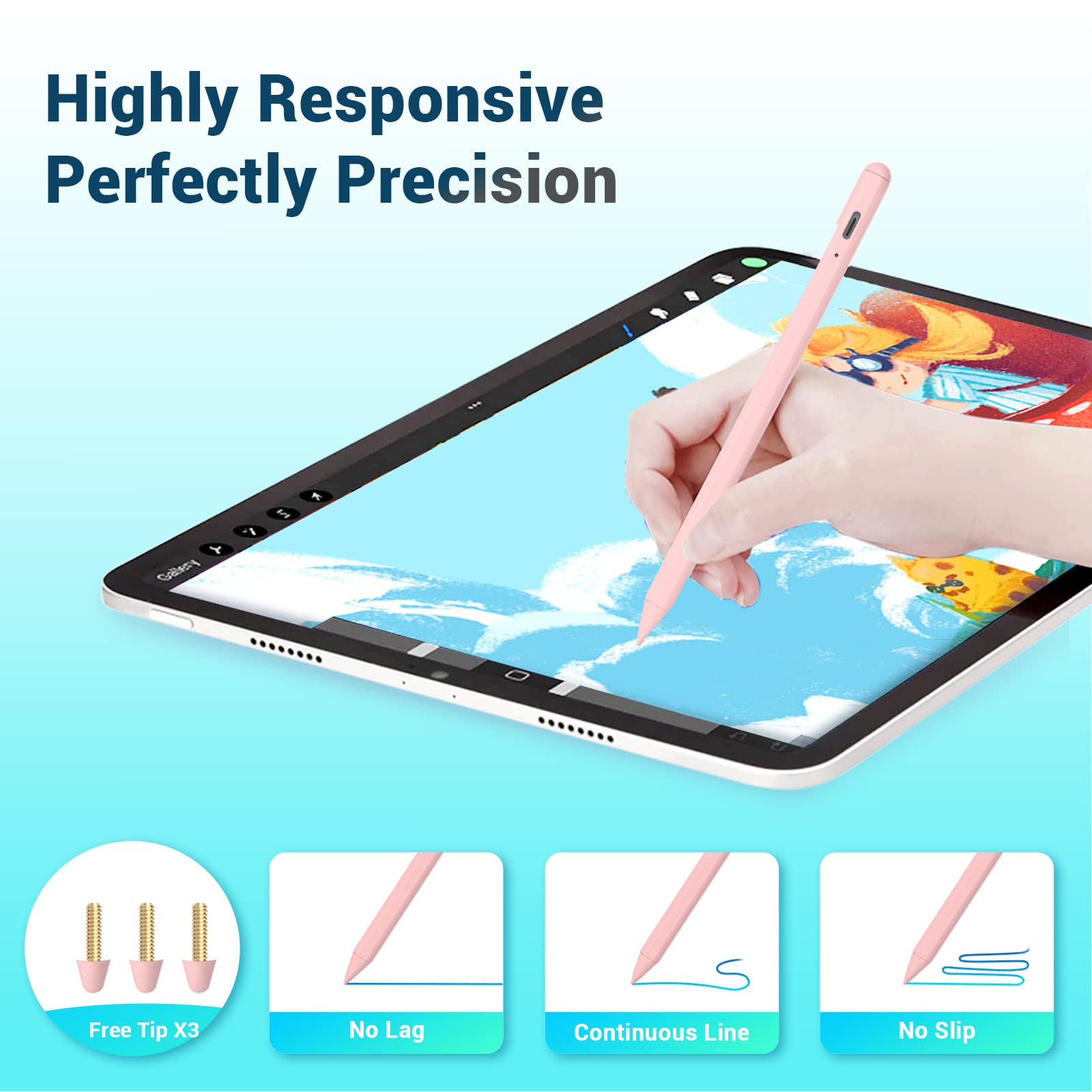 Premium Stylus Pen for Apple iPad - Active Pencil Compatible with iPad 10th/9th/8th/7th/6th Gen, iPad Air 5th/4th/3rd, iPad Mini 6th/5th Gen & iPad Pro 11/12.9 Inch (2018-2024 Models) with Palm Rejection - Perfect for Drawing, Note-Taking & Digital Art