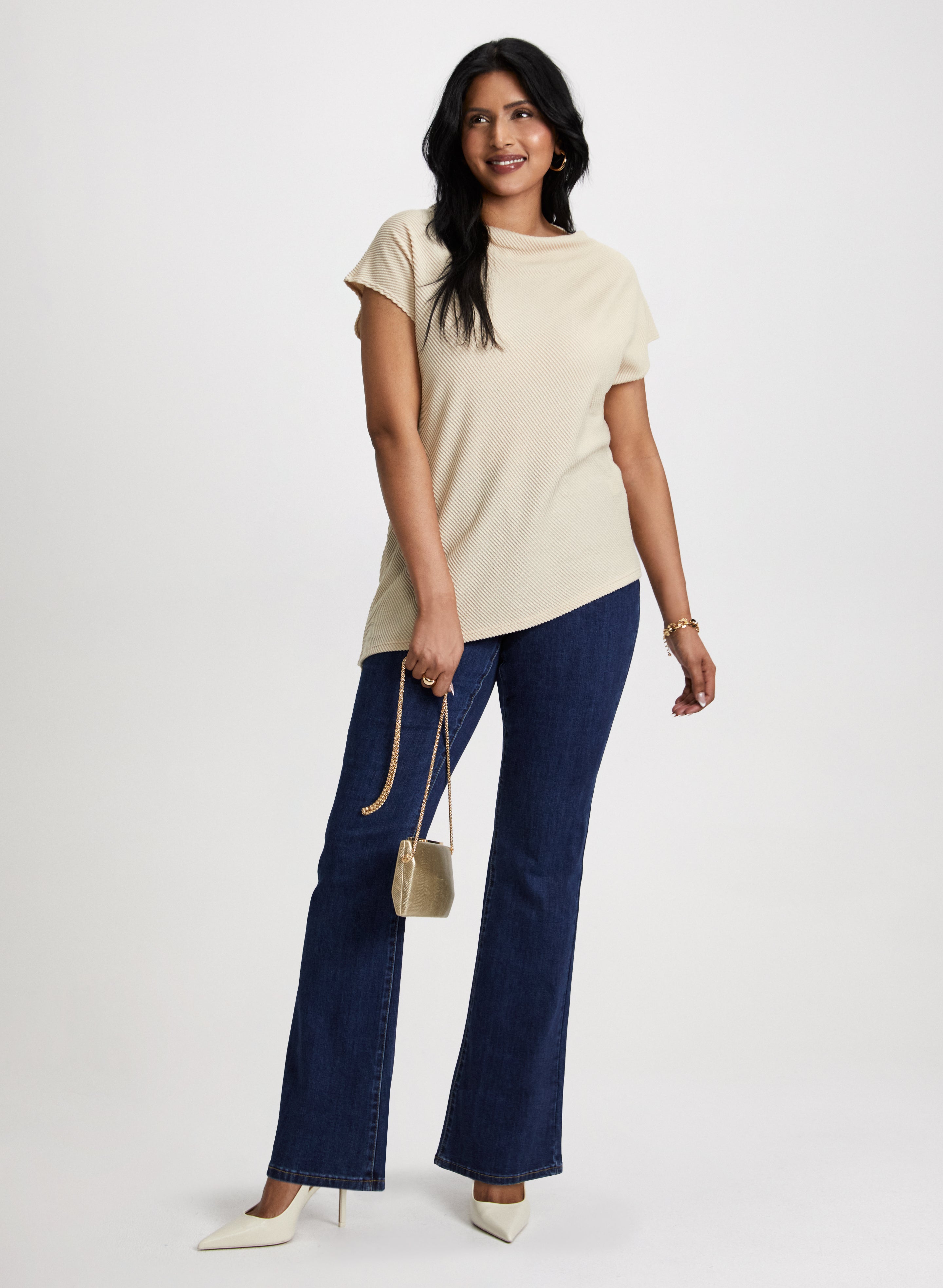 Asymmetric Funnel Neck Tops & Bootcut Jeans for Women - Trendy Casual Outfit for Date Night, Office Wear & Weekend Brunch