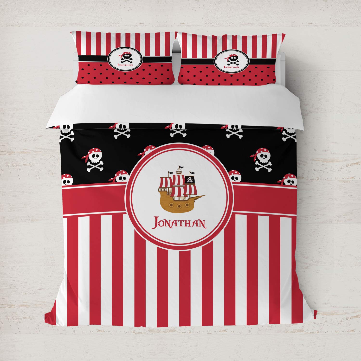 Personalized Pirate & Stripes Duvet Cover Set - Full/Queen Size Bedding - Perfect for Themed Bedrooms, Kids Rooms & Nautical Decor