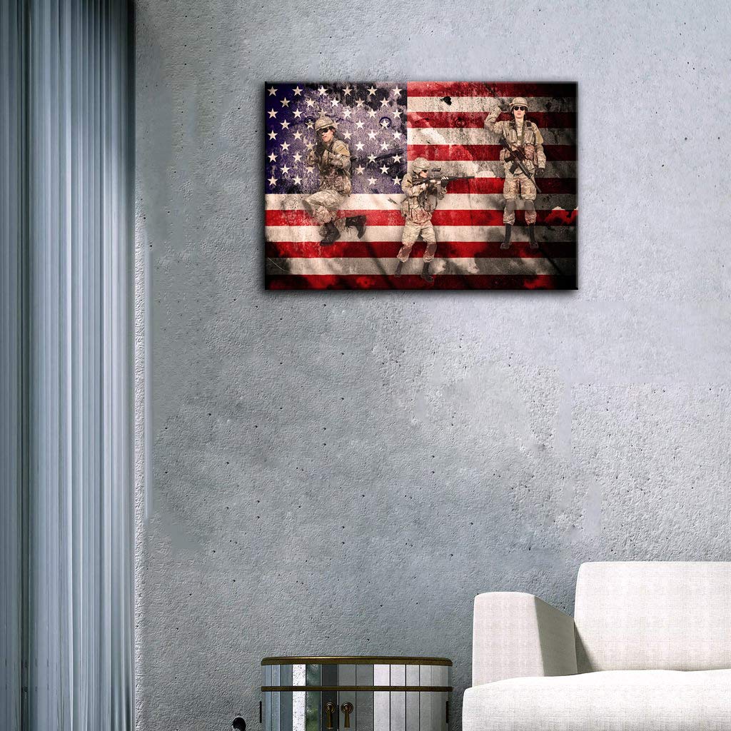 American Flag Wall Art - Patriotic Military Canvas Print of US Army Troops, Framed & Ready to Hang - Perfect for Home, Office & Military Themed Decor