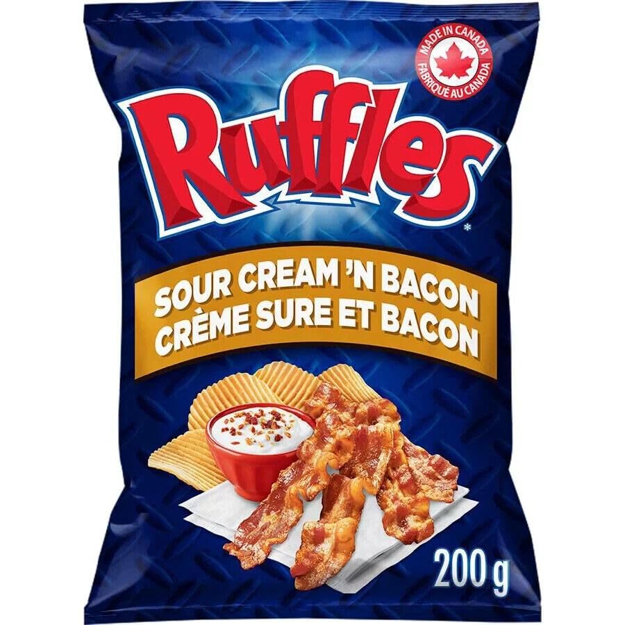 Ruffles Potato Chips Variety Pack - Sour Cream & Onion, Sour Cream & Bacon, BBQ, All Dressed - 200g/7oz (4-Pack) | Canadian Snacks Shipped from Canada | Perfect for Parties, Movie Nights & Road Trips