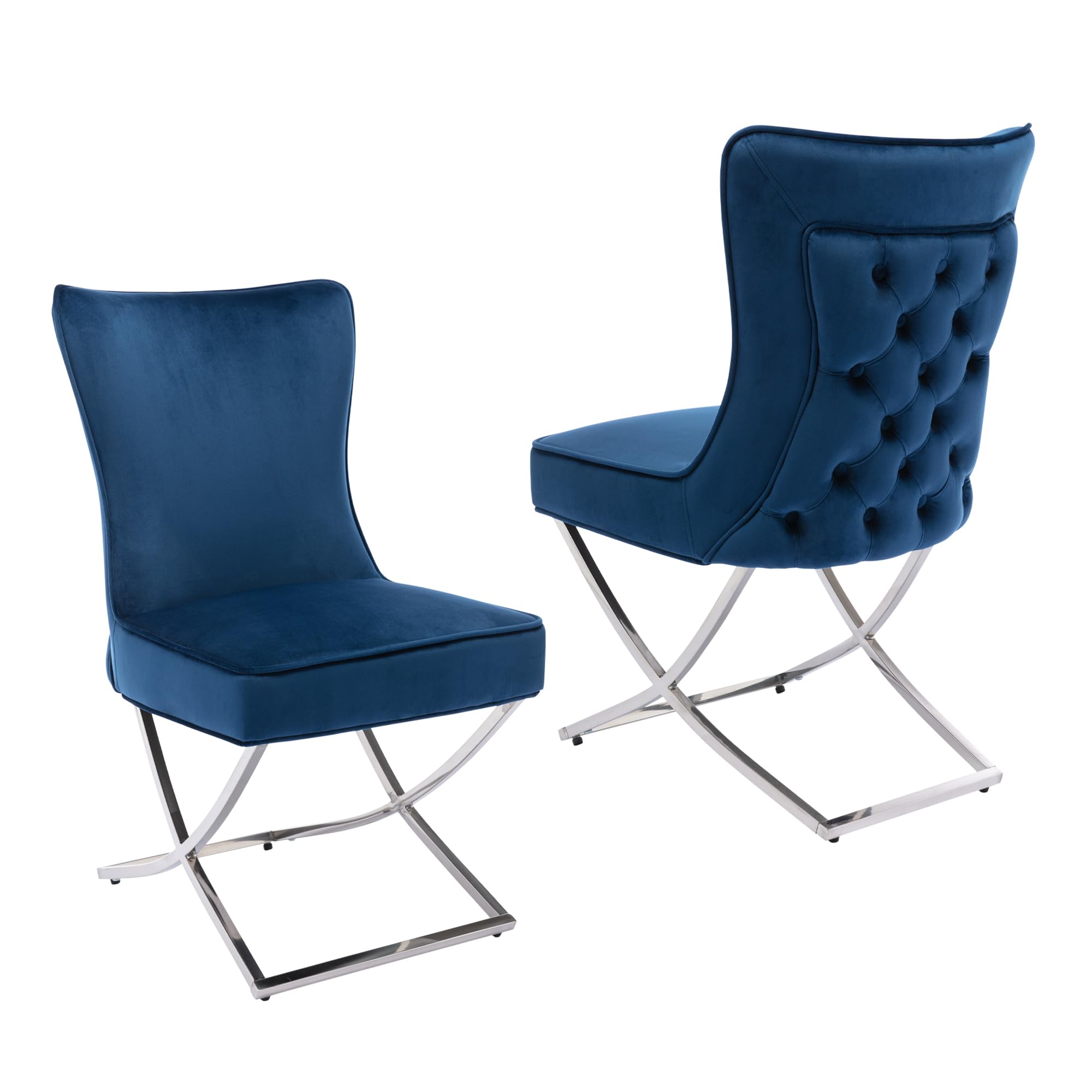 Modern Stainless Steel Legs Velvet Dining Chairs Set of 2 - Royal Blue Upholstered Button Tufted Back Chairs with Solid Piping | Elegant Dining Room Furniture for Home, Restaurant & Office Use