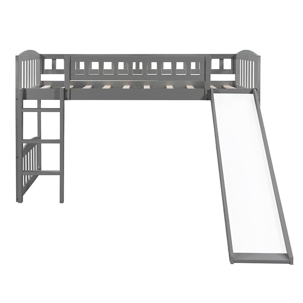 Kids Twin Loft Bed with Slide & Ladder - Low Profile Wooden Mini Loft Bed for Small Spaces, No Box Spring Needed (Gray) | Perfect for Small Bedrooms, Playrooms & Kids' Sleepovers