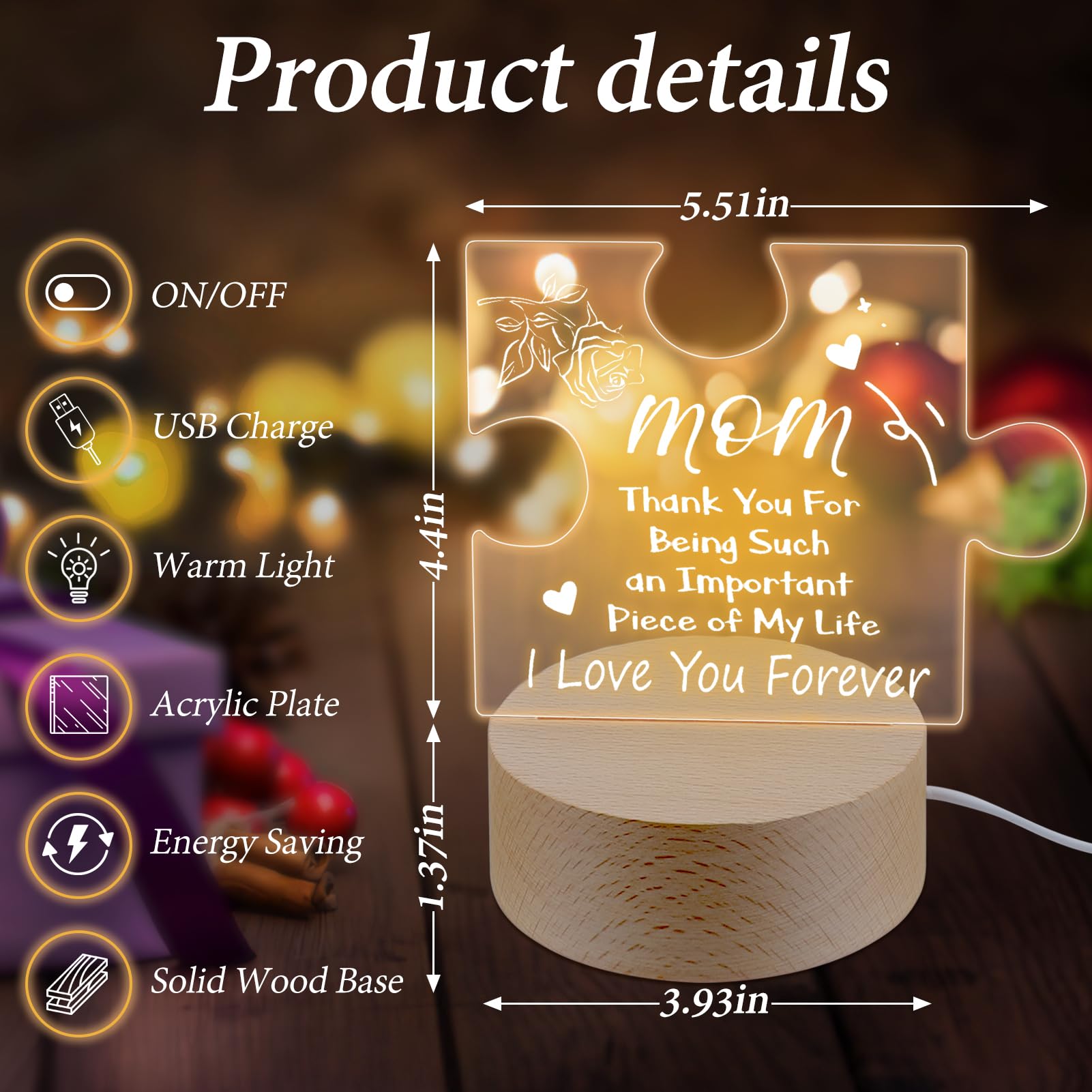 Personalized Acrylic Night Light for Mom - Custom Christmas & Birthday Gift from Daughter or Son | Heartwarming Home Decor for Bedroom, Nursery, or Living Room