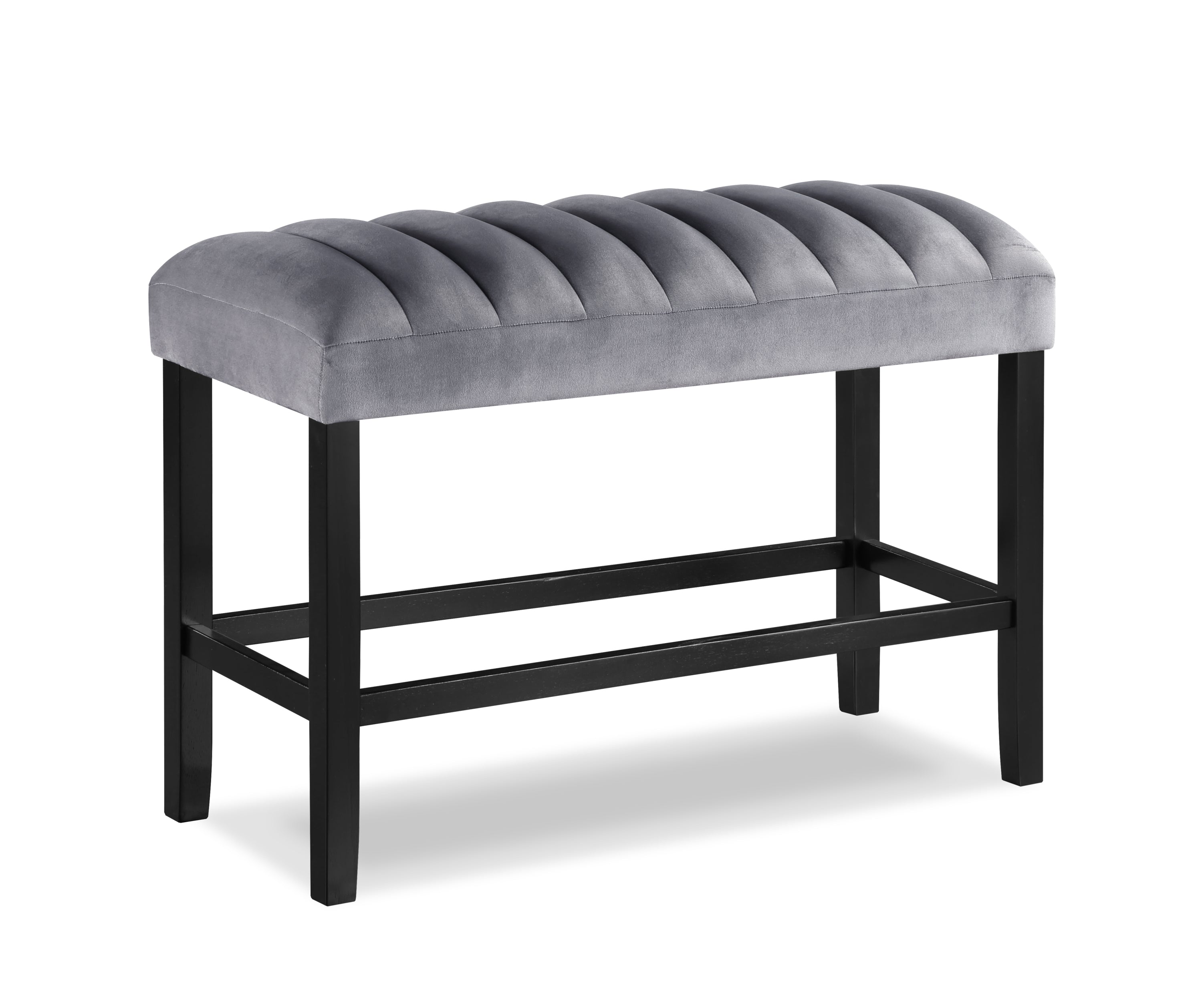 1pc Gray Black Velvet Upholstered Counter Height Bench - Modern Wooden Dining Room & Kitchen Stool for Bar, Breakfast Nook, and Entryway Seating