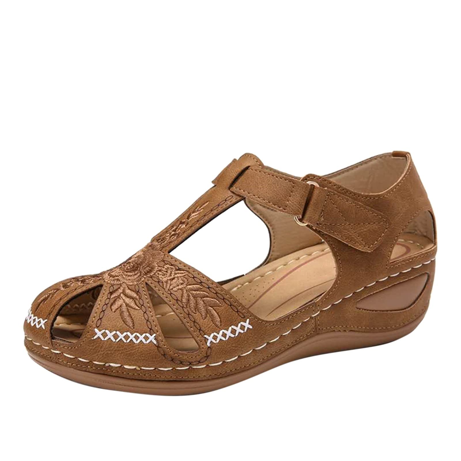 Women's Embroidered Wedge Sandals with Closed Toe - Comfortable Slope Heel Summer Shoes for Casual Outings, Beach Vacations & Daily Wear