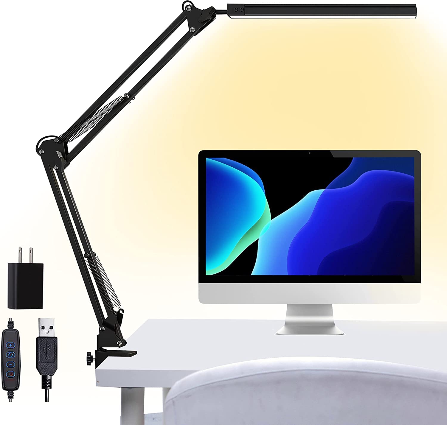 Adjustable LED Desk Lamp with Clamp - 3 Lighting Modes & 10 Brightness Levels, Memory Function, 14W Bright Study Light for Home Office, Reading Room, Architect & Kids | Perfect for Studying, Working & Crafting (Black)