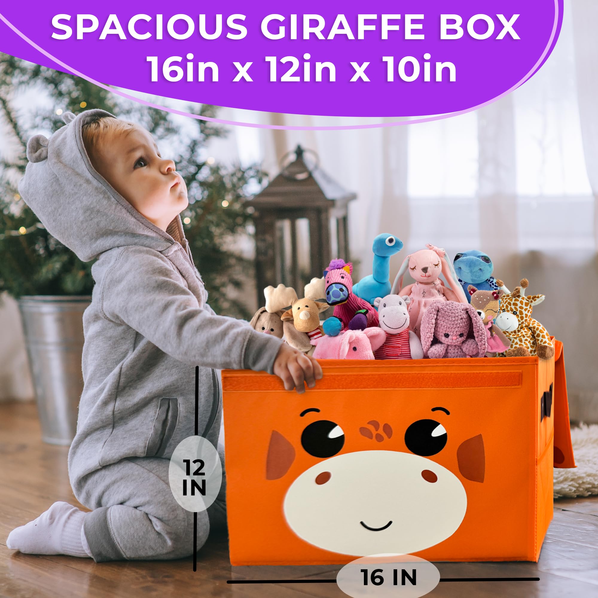 QUOKKA 16x12x10 Inch Giraffe Toy Storage Box with Collapsible Handles & Flip Top Lid - Foldable Fabric Bin for Kids Playroom, Nursery Organization - Perfect for Boys and Girls Toys, Books & Room Decor