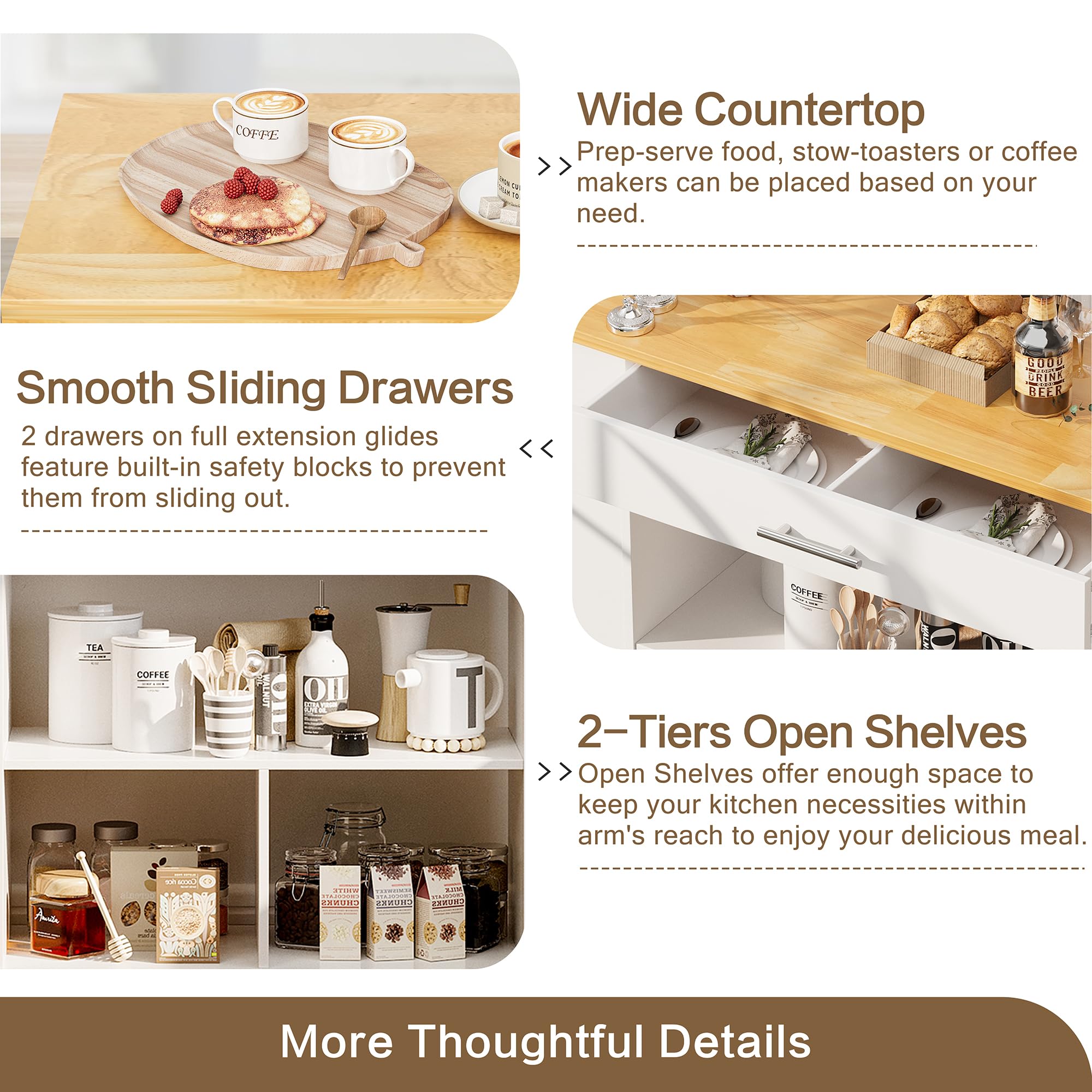 SUNLEI 3-Tier Rolling Kitchen Cart with Spice Rack & Storage Cabinet - Lockable Wheels, Towel Handle & 2 Open Shelves - White | Mobile Kitchen Island Organizer for Small Spaces, Pantry Storage & Cooking Station