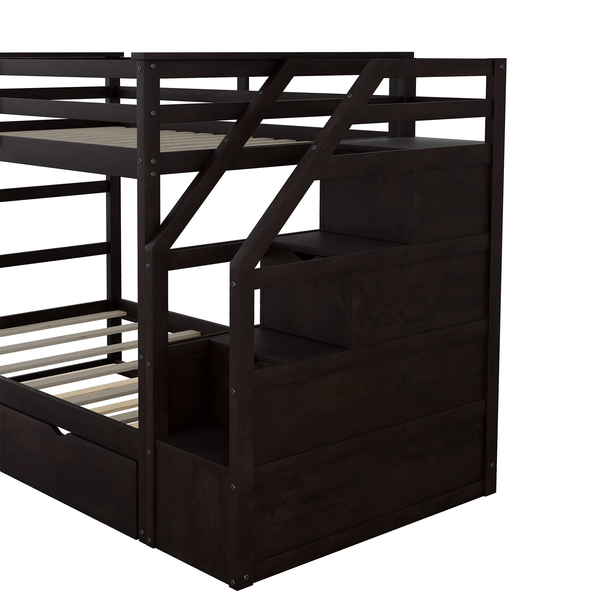 **Wooden Twin Bunk Bed with Stairs & Storage Drawers - Kids Bunk Bed Frame with Pull-Out Trundle for Boys & Girls - Space-Saving Grey Bunk Bed for Small Bedrooms, Kids' Rooms & Guest Rooms**