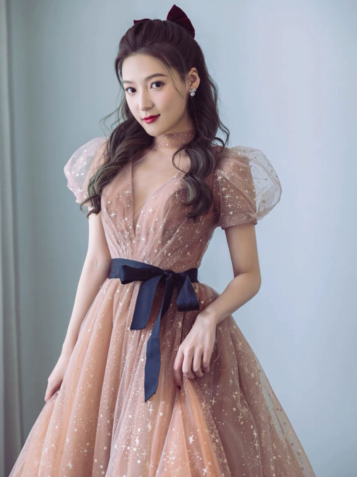 Elegant Champagne V-Neck Tulle Long Prom Dress for Women - Formal Evening Gown for Homecoming, Wedding, and Special Occasions