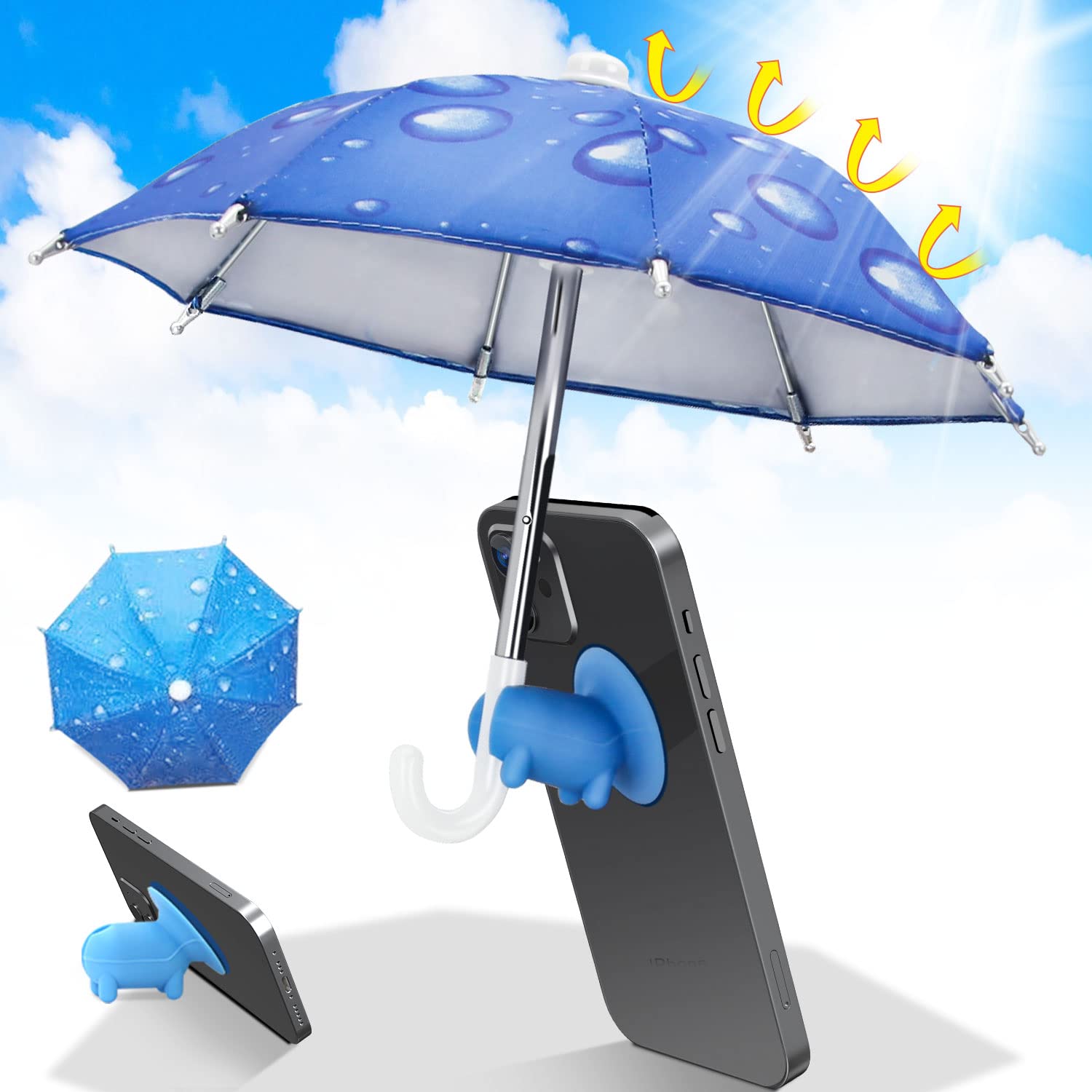 EFFUN Sun Shade Phone Umbrella with Suction Cup Stand - Cute Piggy Design for iPhone & Smartphones - Perfect for Beach, Pool & Outdoor Activities (Blue)