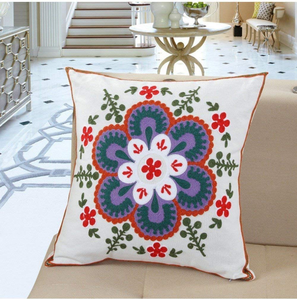 Handmade Bohemian Flower Embroidered Cushion Cover Set of 2 - 18x18 Inch (45x45cm) Blue Floral Pillow Covers for Sofa, Bed, Car & Home Decor - Perfect Housewarming Gift & Boho Chic Decoration