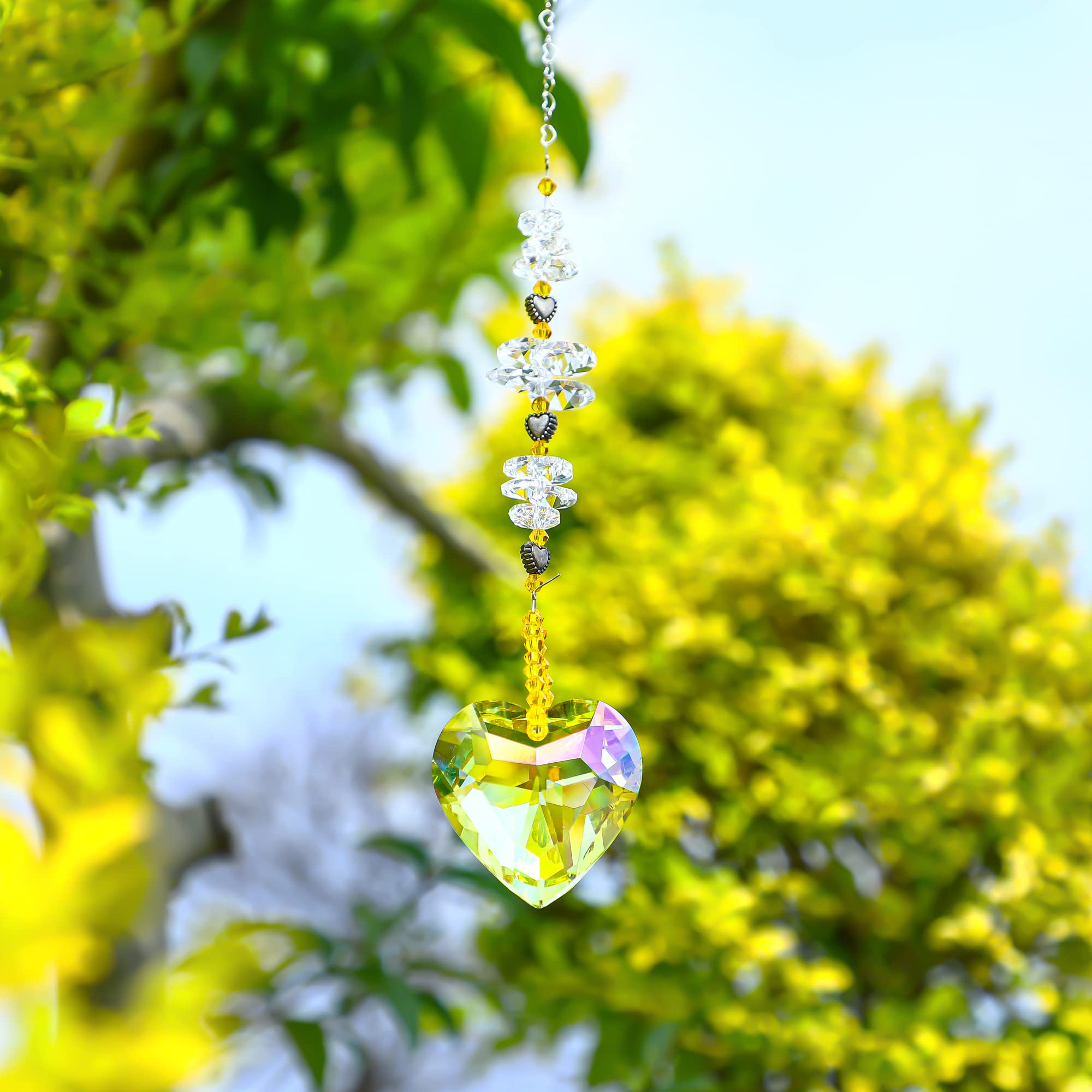 45mm Yellow Heart Crystal Suncatcher - Handmade Rainbow Maker Prism for Windows, Outdoor & Indoor Hanging Decor - Perfect for Home, Garden, Nursery & Meditation Spaces