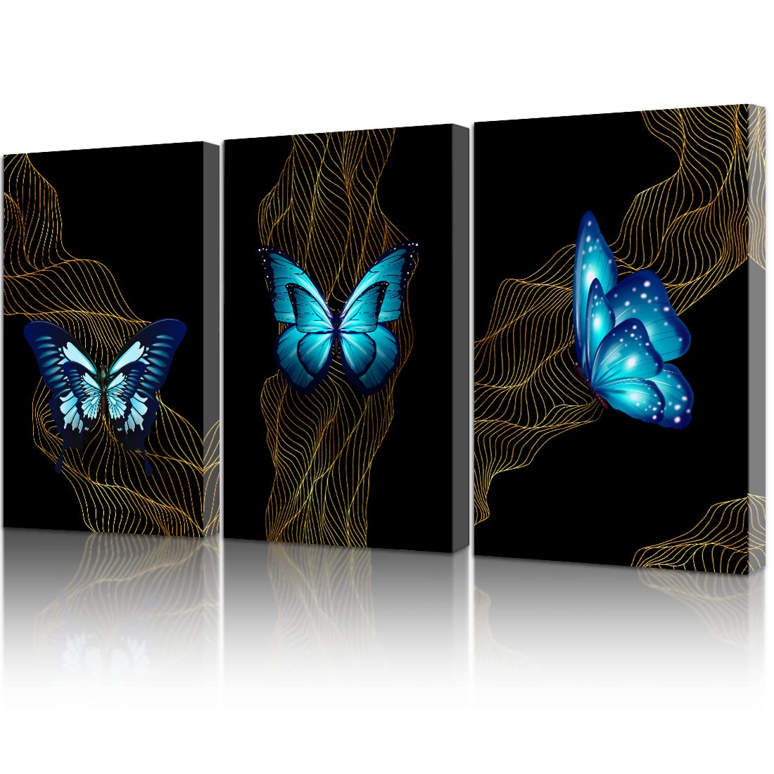 Blue Butterfly Canvas Wall Art - 3 Panel Abstract Gold Line Painting for Living Room, Bedroom, Bathroom & Home Office Decor - 16x24 Inch Giclee Print Contemporary Artwork - Perfect for Modern Home Decor & Wall Decoration