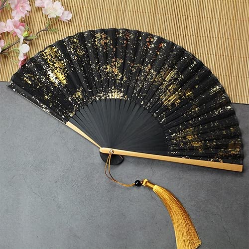 6-Inch Chinese & Japanese Style Bamboo Silk Folding Fan - Gold & Silver Sprinkled Hand Fan, Portable & Foldable for Photography, Decoration, Cosplay & Traditional Events (Navy Blue)