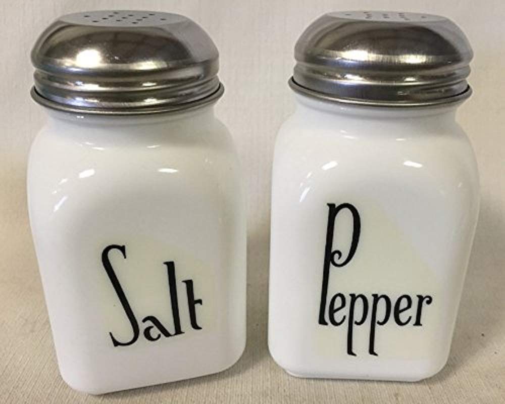 Premium Square Stove Top Salt and Pepper Shaker Set - Rosso Exclusive with Elegant Black Lettering - Handcrafted in USA by Mosser Glass (Milk White) - Perfect for Kitchen, Dining Table, and Gift Giving
