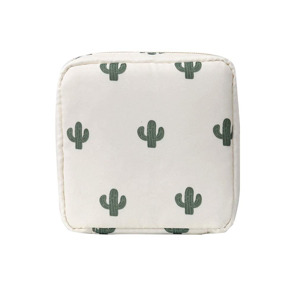 Quirky Nylon Sanitary Napkin Storage Bag with Zipper - Discreet Menstrual Pad Organizer for Purse & Travel - First Period Kit for Teen Girls - Women's Hygiene Essential (White Cactus Design) - Perfect for School, Work, Gym & On-the-Go