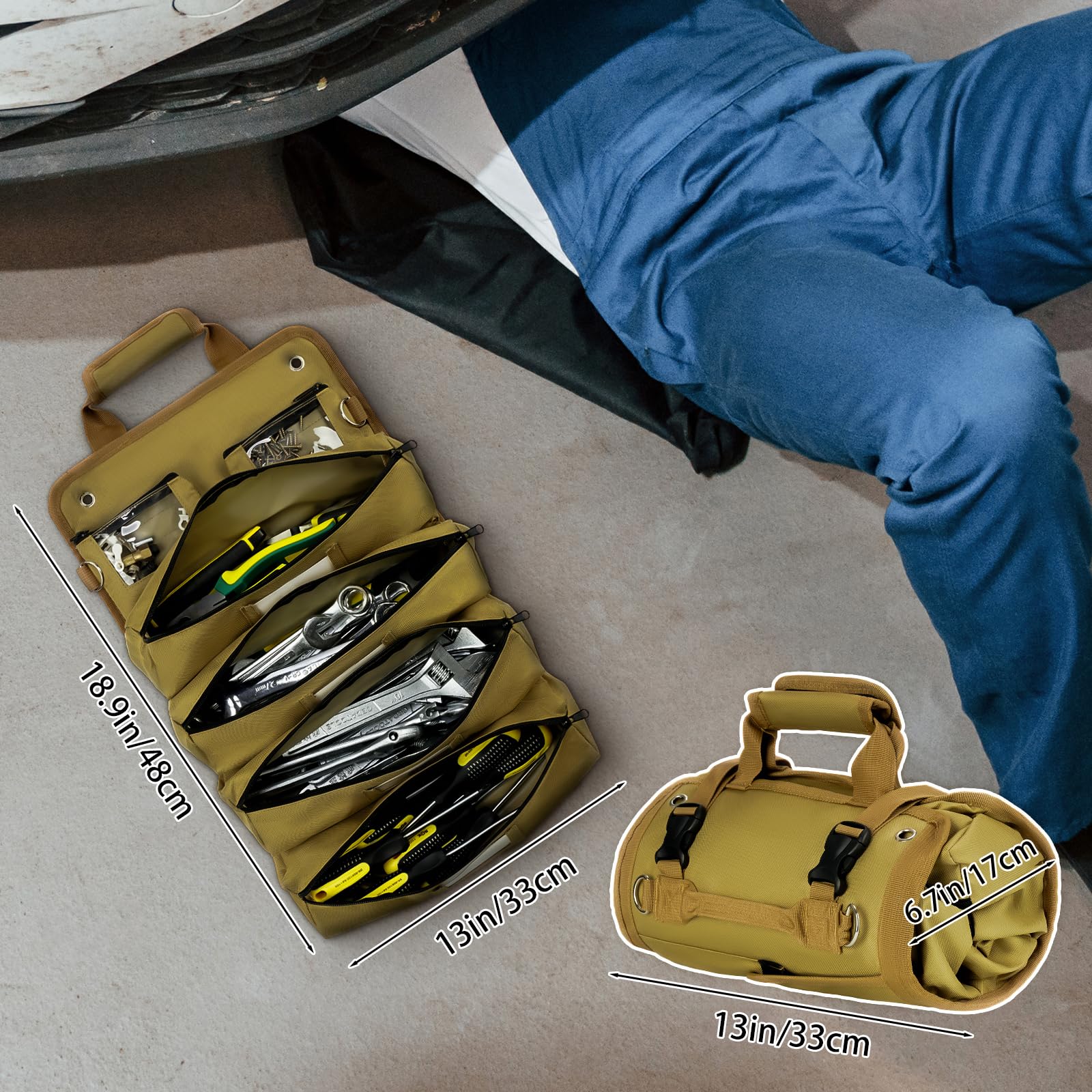 Tomorotec Heavy Duty Roll Up Tool Bag Organizer with 2 Detachable Pouches - Labeled Compartments & Expandable Pockets for Compact Tool Storage - Perfect for Electricians, Mechanics & DIY Home Improvement Projects