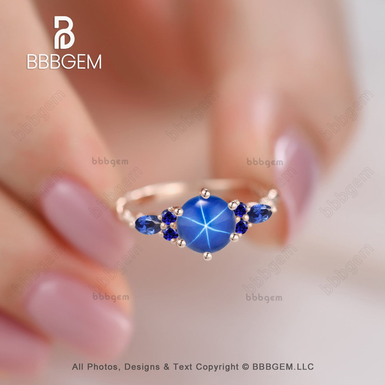 7mm Round Blue Star Sapphire Cluster Lindy Ring with Rose Gold Twisted Rope Band - Elegant Jewelry for Women, Perfect for Weddings, Anniversaries & Special Occasions