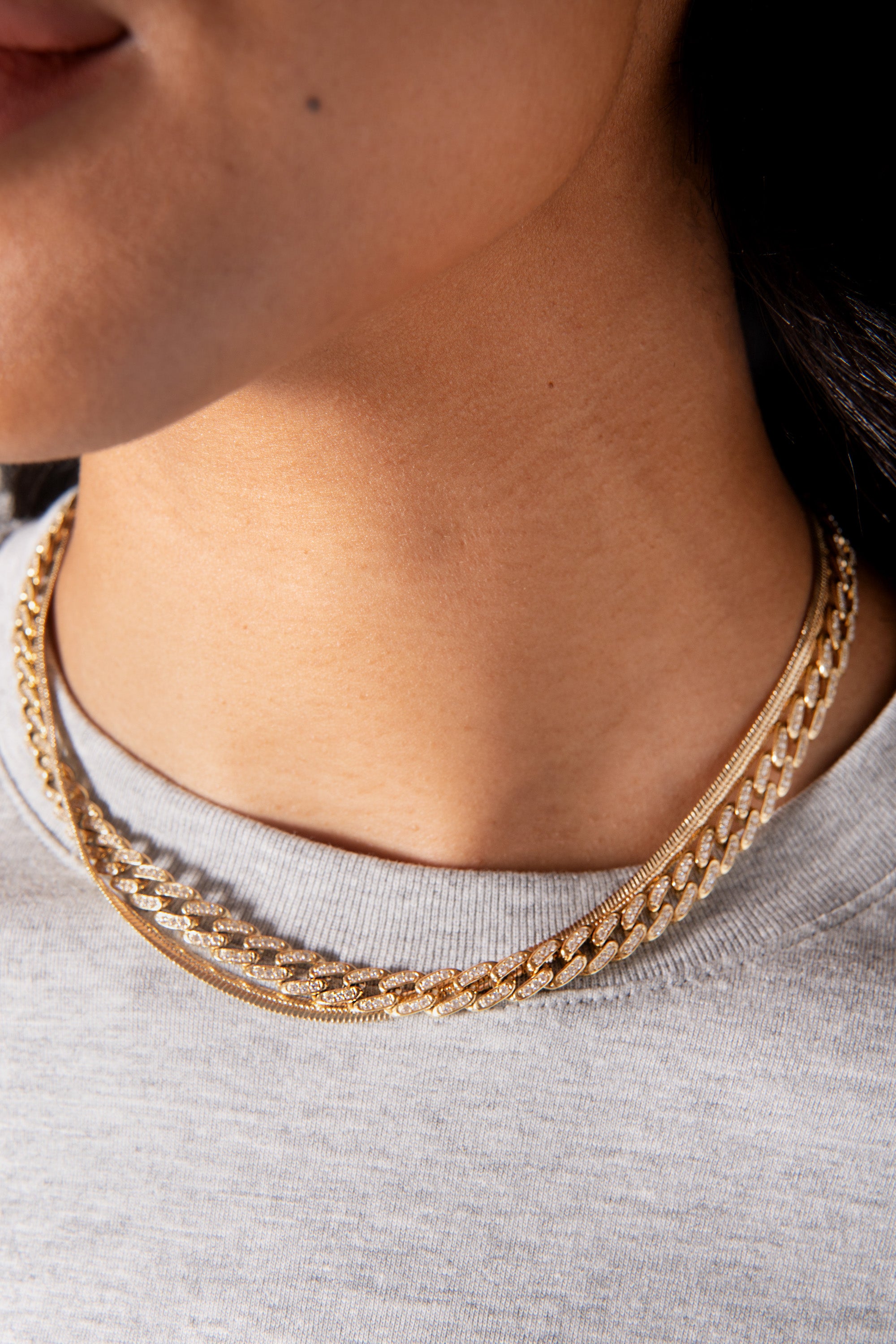 Sparkling Crystal Pave Curb Chain Necklace for Women - Elegant Layered Gold Plated Jewelry for Party, Wedding & Everyday Wear