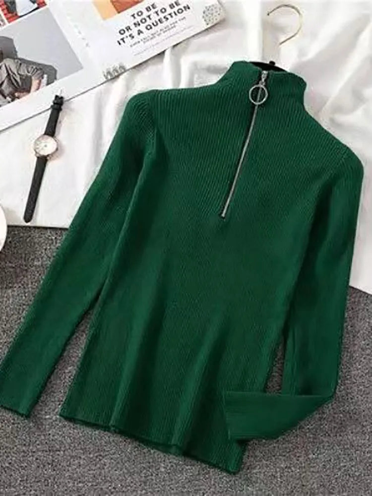 Vintage Solid Knitted Long Sleeve Zip-Up Half Turtleneck Sweater for Women - Cozy Winter Pullover for Casual Outfits & Office Wear