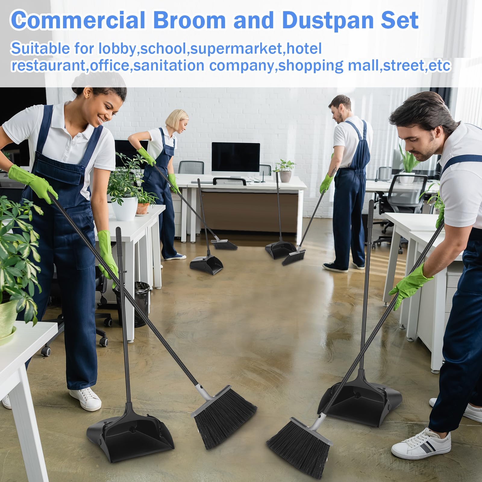 **6-Piece Broom and Dustpan Set with 54-Inch Long Handle - Heavy-Duty Commercial Plastic Upright Dustpan for Floor Cleaning - Ideal for Home, Office, Restaurant, Indoor & Outdoor Use**
