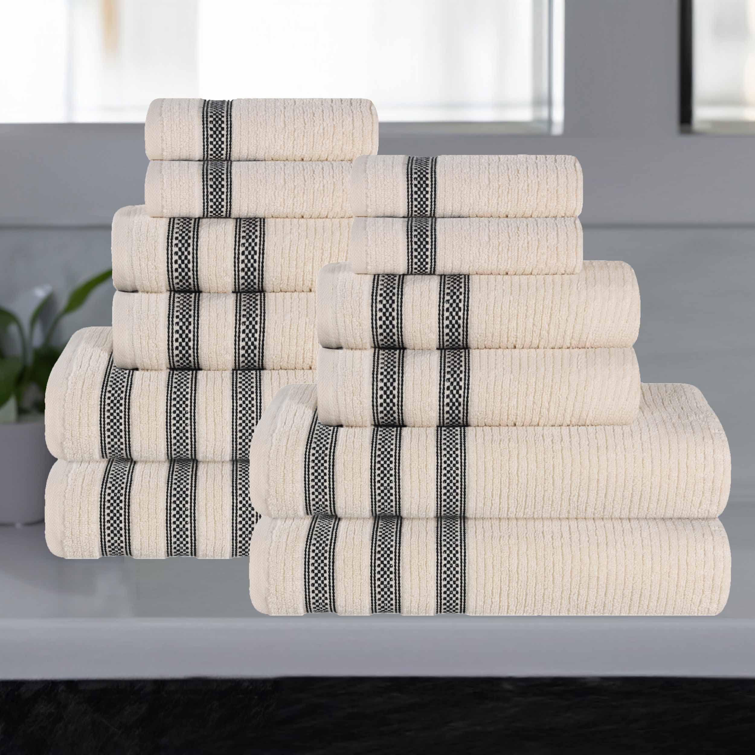 12-Piece Zero Twist Cotton Ribbed Geometric Border Plush Towel Set | Ultra Soft & Absorbent Bath, Beach & Gym Towels for Home & Travel