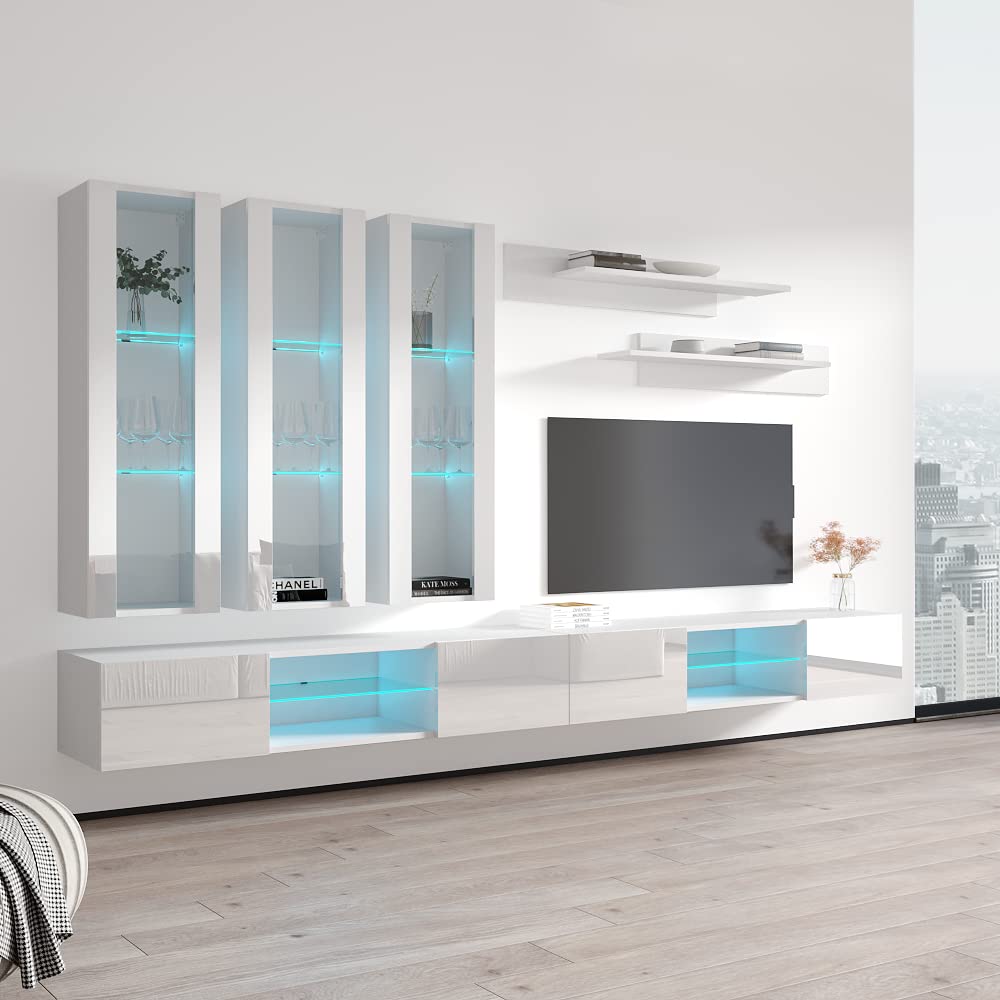 Modern Floating TV Stand with Storage & LED Lights - Wall-Mounted Entertainment Center for Bedroom & Living Room - White E3 33TV Console with Shelves - Perfect for Small Spaces & Home Theater Setup