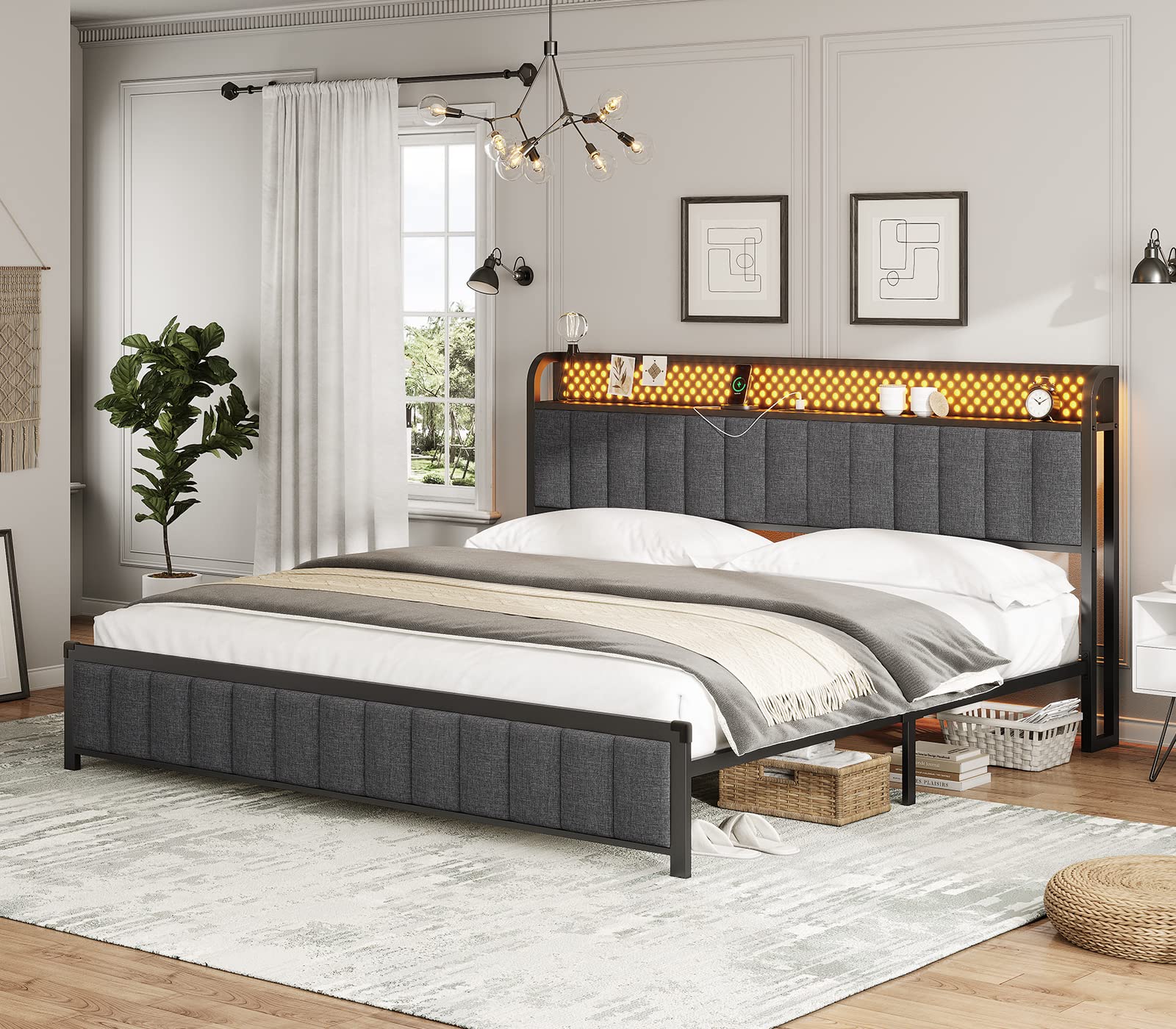 King Size Bed Frame with Storage Headboard - Built-in Shelf, Power Outlet & RGB Lighting, Pegboard Design, Linen Upholstered Platform Bed, Reinforced 2-Row Mid-Beams, No Box Spring Required (Dark Grey) - Perfect for Modern Bedrooms, Guest Rooms & Small Spaces with Storage Needs