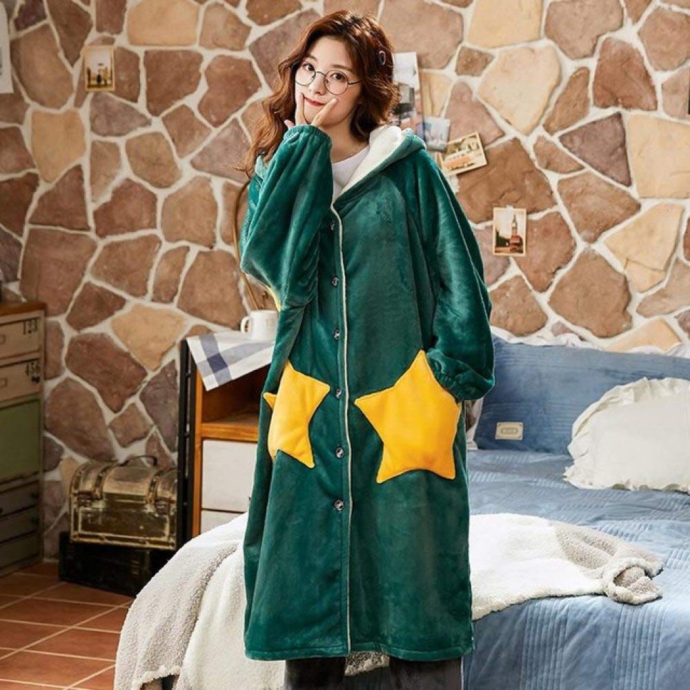SDCVRE Women's Winter Nightgown - Soft Flannel Sleepwear, Warm Coral Fleece Nightdress in Blue & Green, XL - Cozy Home Wear for Relaxing Evenings & Cold Nights