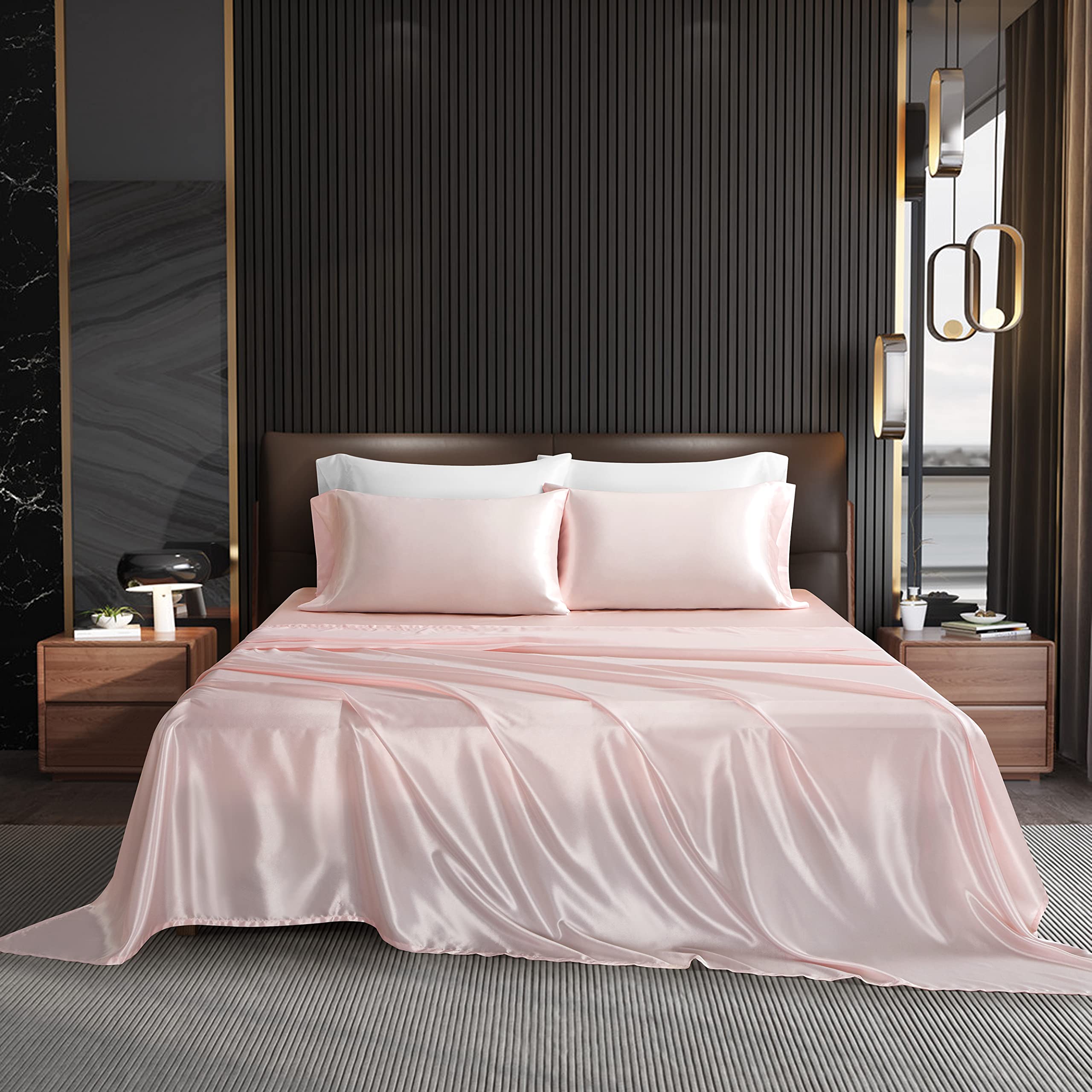 NA HommxJF 4PCS Blush Pink Satin Sheets Queen Size - Soft Silky Bedding Set Includes 1 Flat Sheet, 1 Deep Pocket Fitted Sheet & 2 Pillowcases - Lightweight Luxury Sheets for Bedroom Decor, Wedding Gift or Guest Room Upgrade