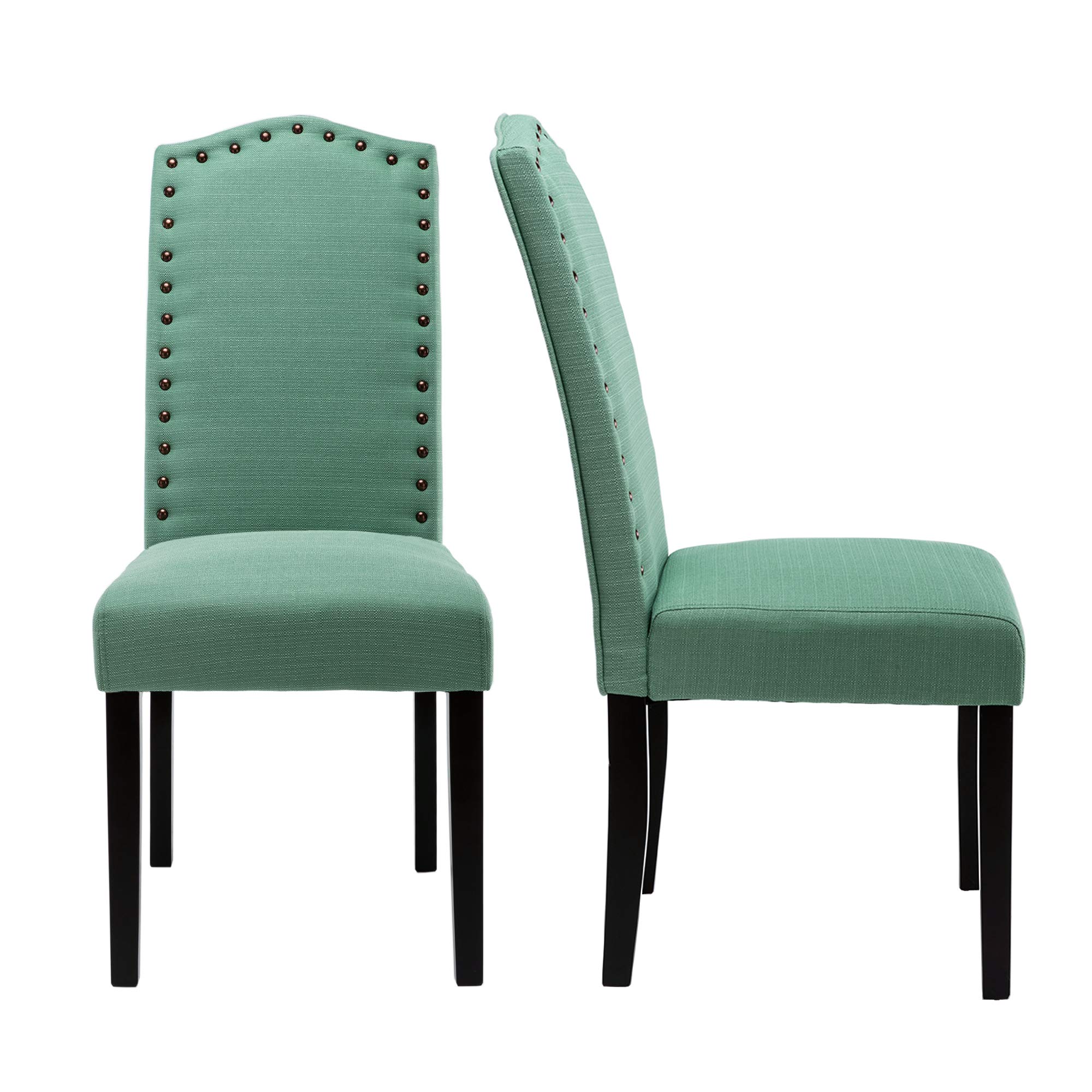 LSSBOUGHT Set of 2 Green Upholstered Parsons Dining Chairs - Solid Wood Frame Fabric Kitchen Chairs with Nailhead Trim - Perfect for Dining Room, Kitchen, and Breakfast Nook