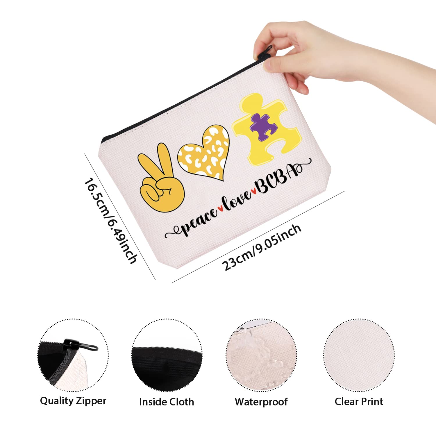Behavior Therapist Gift - BCBA Zipper Pouch Makeup Bag for Behavior Analysts | Peace Love BCBA Design | Beige Cosmetic Organizer | Perfect for ABA Therapy Sessions & Daily Essentials
