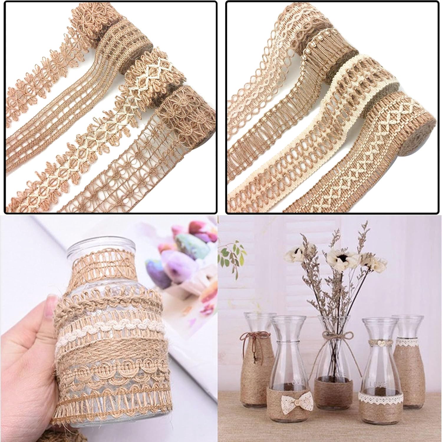 8 Rolls Natural Jute Ribbons for Crafts - 17.6 Yards Rustic Burlap Lace Ribbon for Gift Wrapping, Party Decor, Wedding & Holiday DIY Projects - Perfect for Rustic Wedding Centerpieces, Farmhouse Decor, and Handmade Gift Packaging