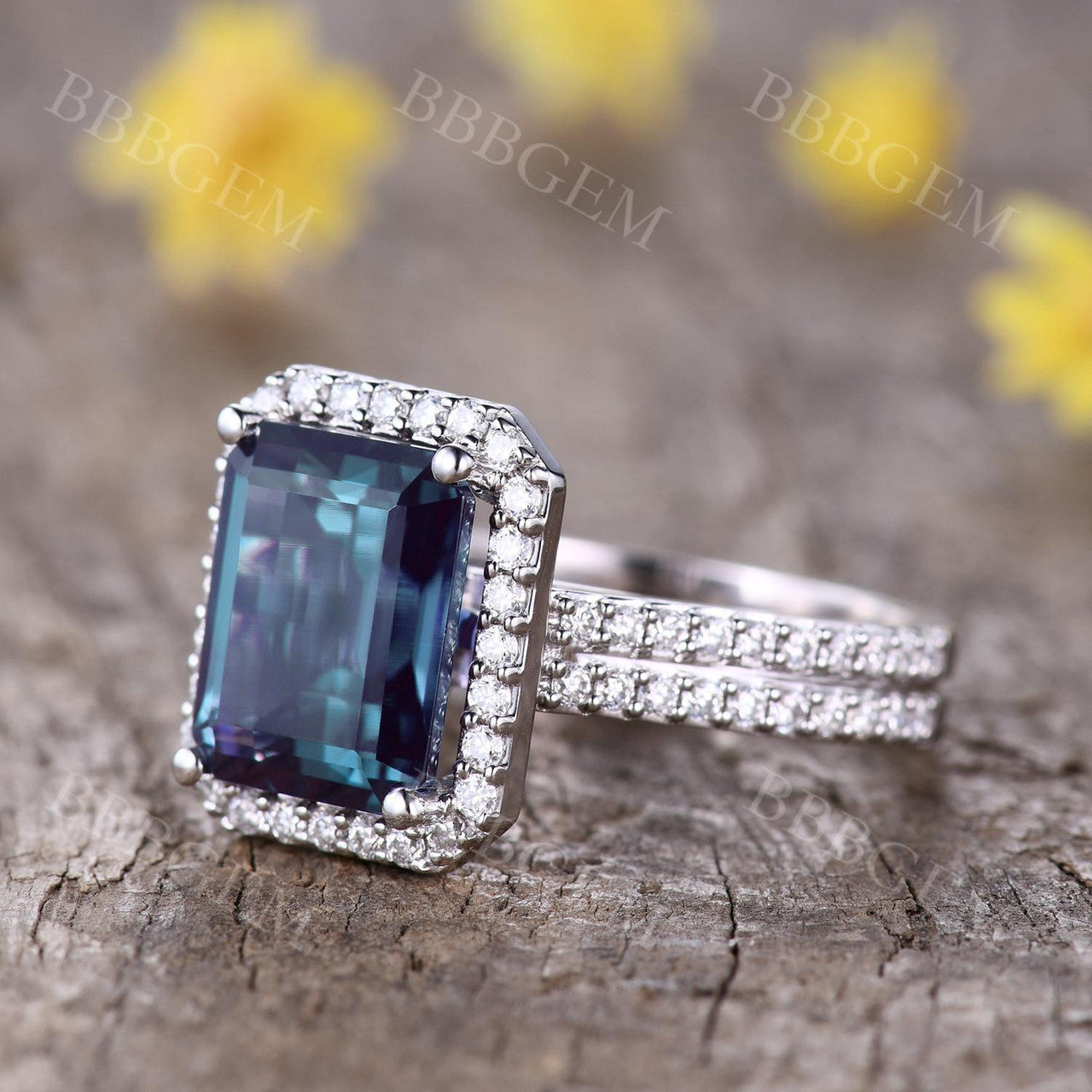 5 Carat Emerald Cut Alexandrite Engagement Ring - Cubic Zirconia Halo Ring in 14K White Gold - Perfect for Wedding, Proposal & Anniversary Gifts