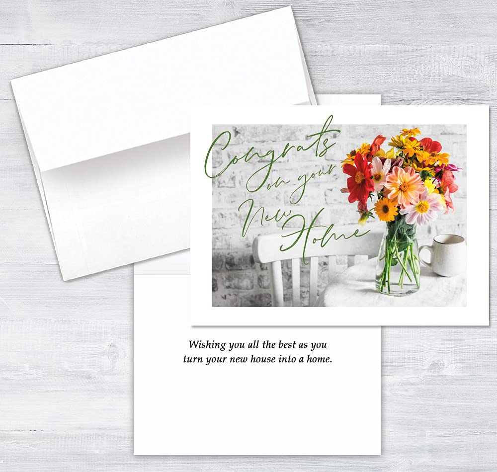25 New Home Greeting Cards with Floral Designs - Includes 26 White Envelopes - FSC Certified - Perfect for Housewarming Gifts & Congratulations