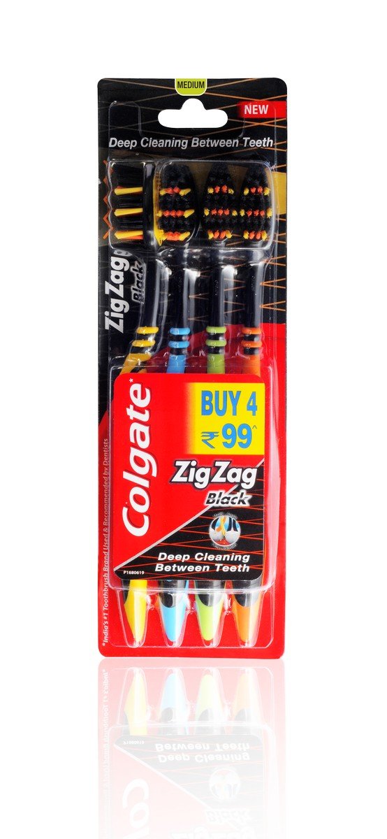 Colgate Zig Zag Black Toothbrush - 4 Pack Deep Cleaning Toothbrushes for Teeth Whitening & Plaque Removal - Perfect for Travel, Home & Office Use