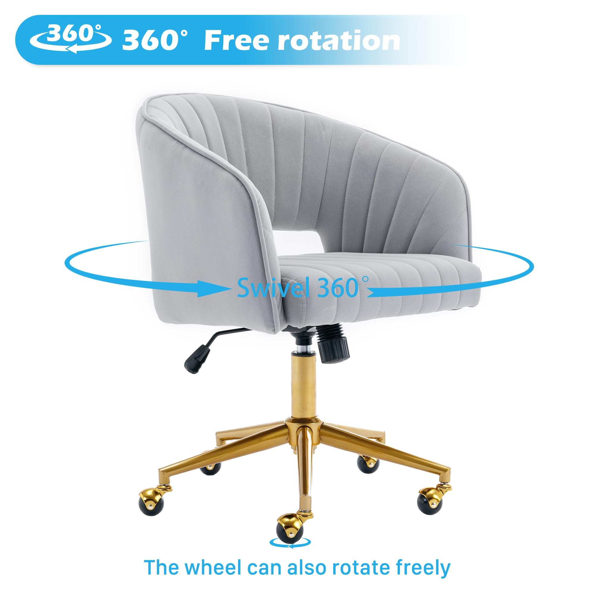 Ergonomic Velvet Swivel Office Chair with Gold Base - Modern Tufted Upholstered Desk Chair for Women, Girls, Home & Study - Comfortable Computer Task Stool for Living Room, Bedroom & Home Office (Light Gray)