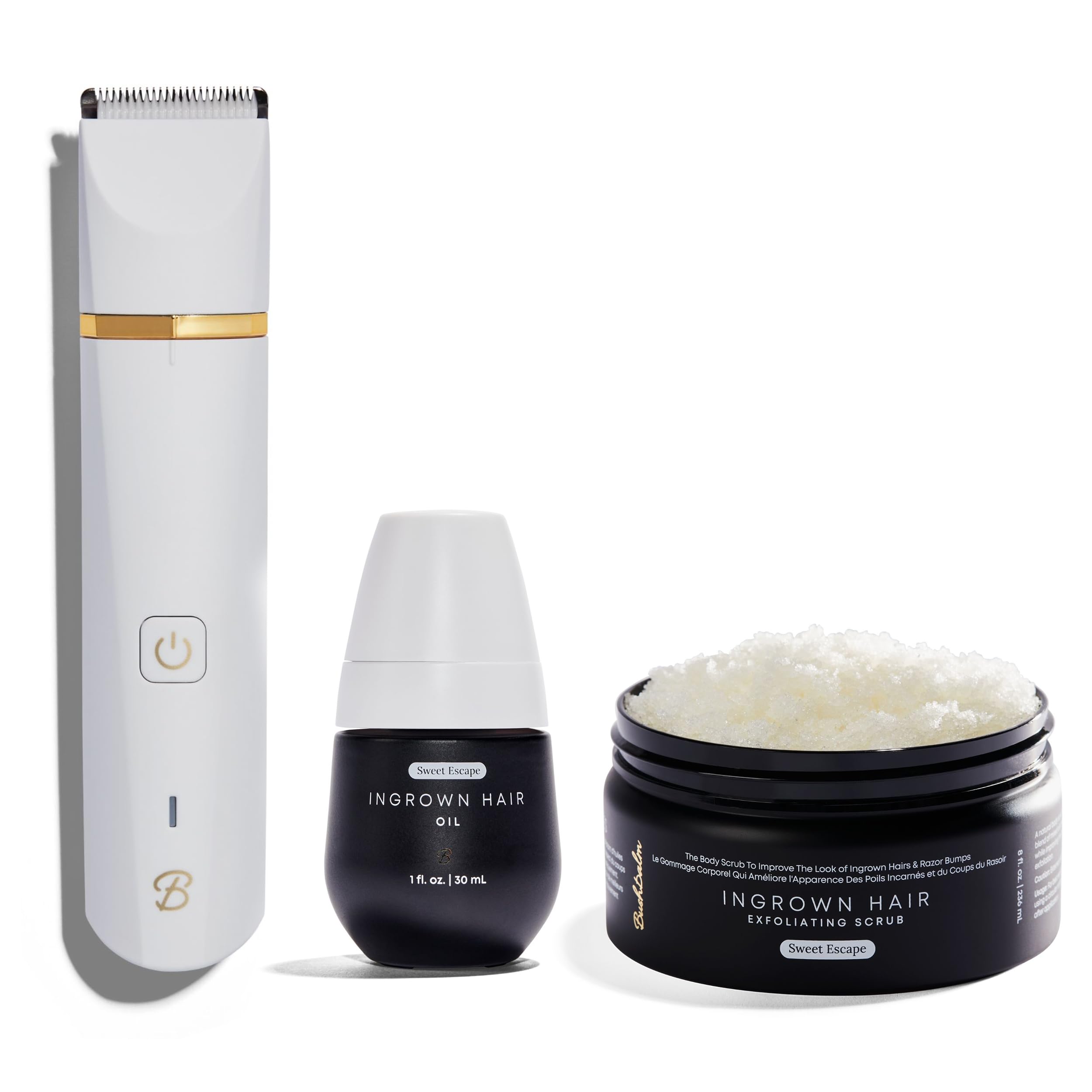 Bushbalm Sweet Escape Body Scrub (8 oz) & Oil (1 oz) with Francesca Electric Trimmer - KP Treatment for Smooth Skin | Exfoliating Routine for Keratosis Pilaris & Ingrown Hairs at Home