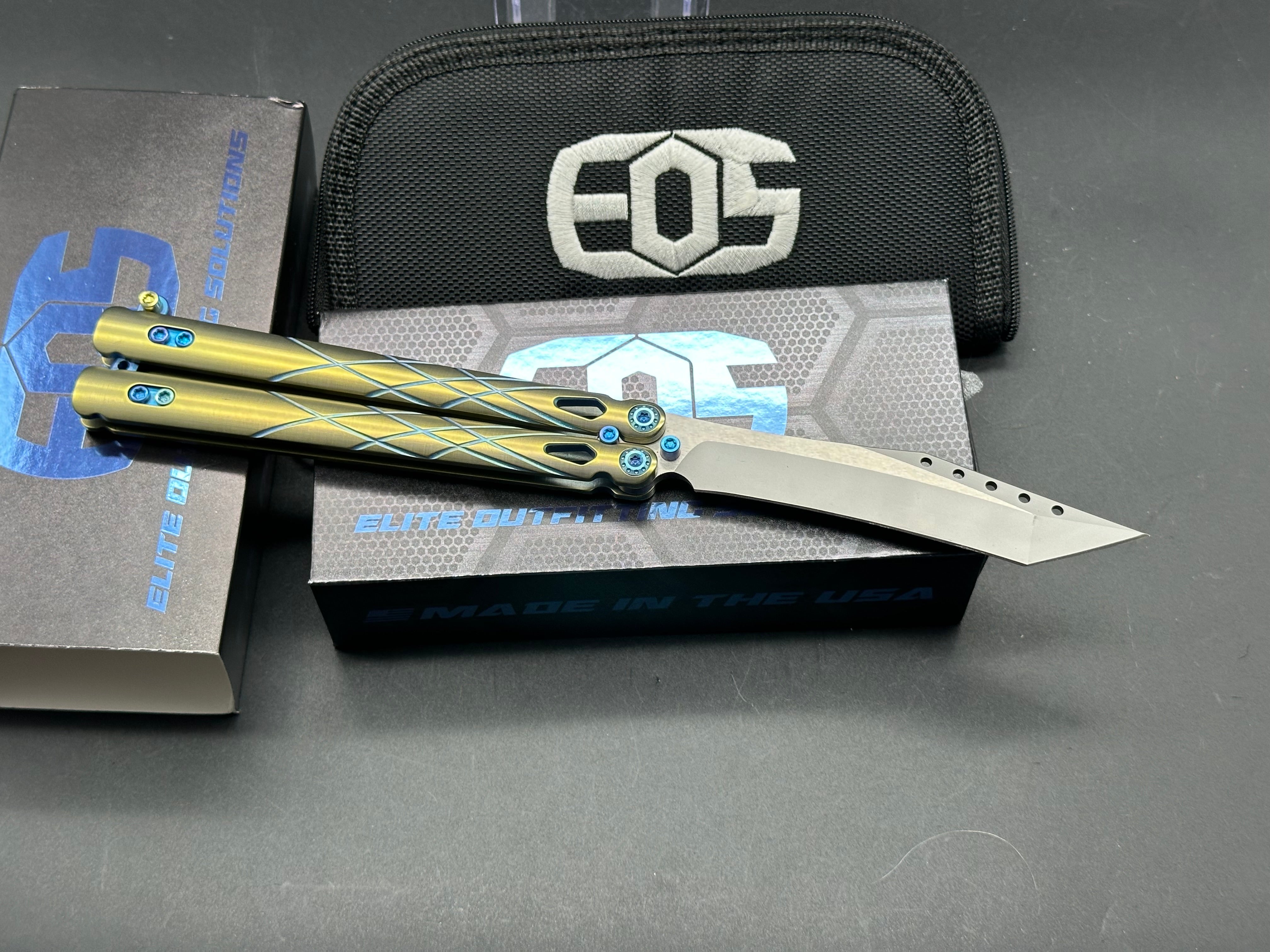 Premium EOS Villian Balisong Butterfly Knife - Gold Titanium Handles, Blue Latch Hardware, Recurve Tanto Blade in Sasha Satin CPM S30V Steel | Perfect for Collectors, EDC Carry & Tactical Enthusiasts