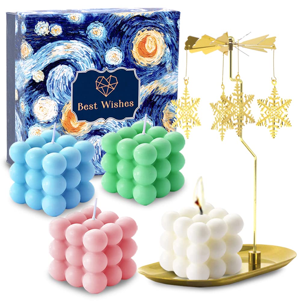 Aokala Scented Bubble Candle Set - 4 Pack 5.4 oz Cube Soy Wax Candles with Rotating Holder Tray, Home Decor Candles for Women, Aesthetic Room Decor & Romantic Gifts for Her - Perfect for Bedroom, Bathroom, Spa Relaxation and Wedding Decorations