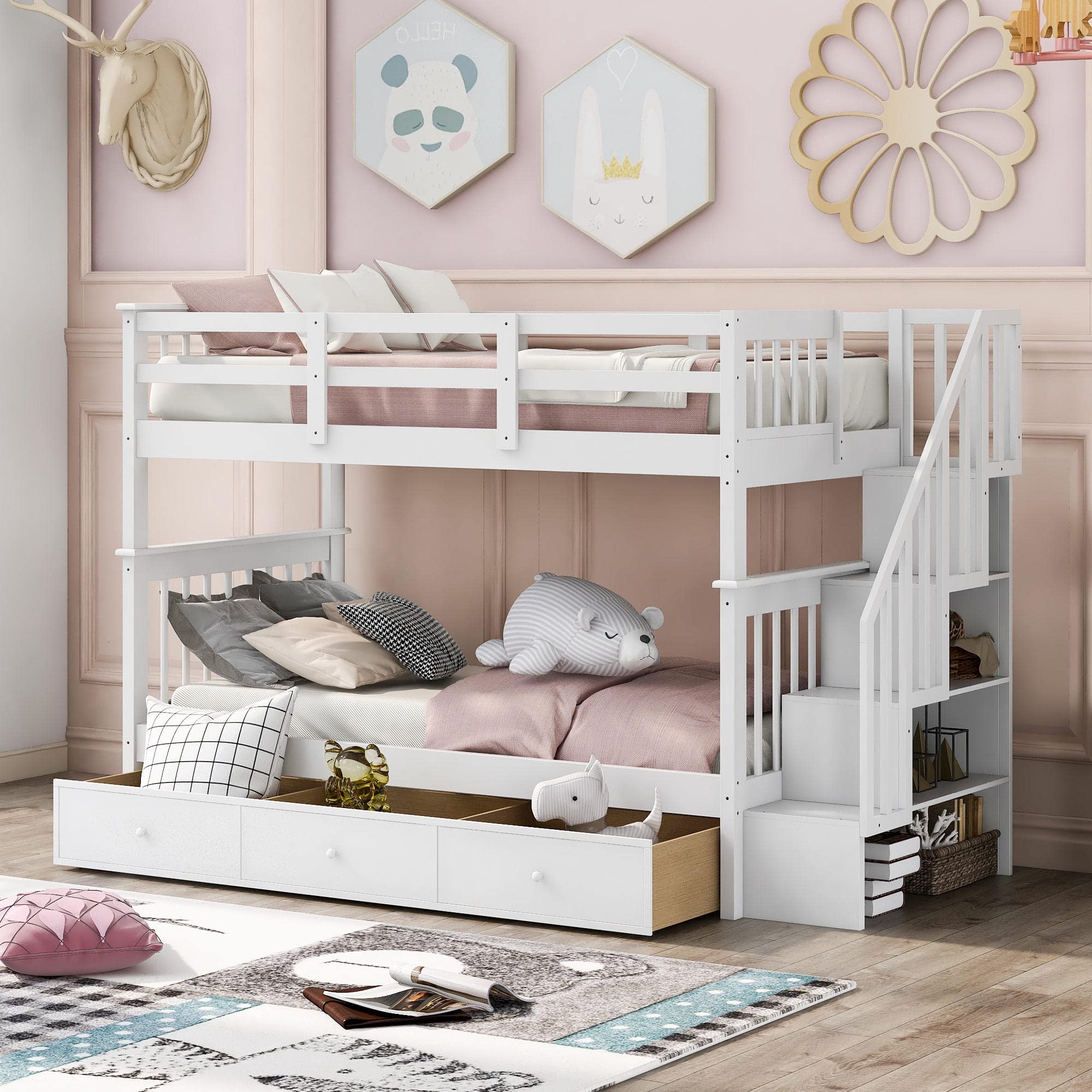 Solid Wood Twin-Over-Twin Bunk Bed with Storage Drawer & Guard Rail | Convertible Space-Saving Bed Frame for Kids, Teens & Adults | Perfect for Bedrooms, Dorm Rooms & Small Spaces | No Box Spring Needed - White